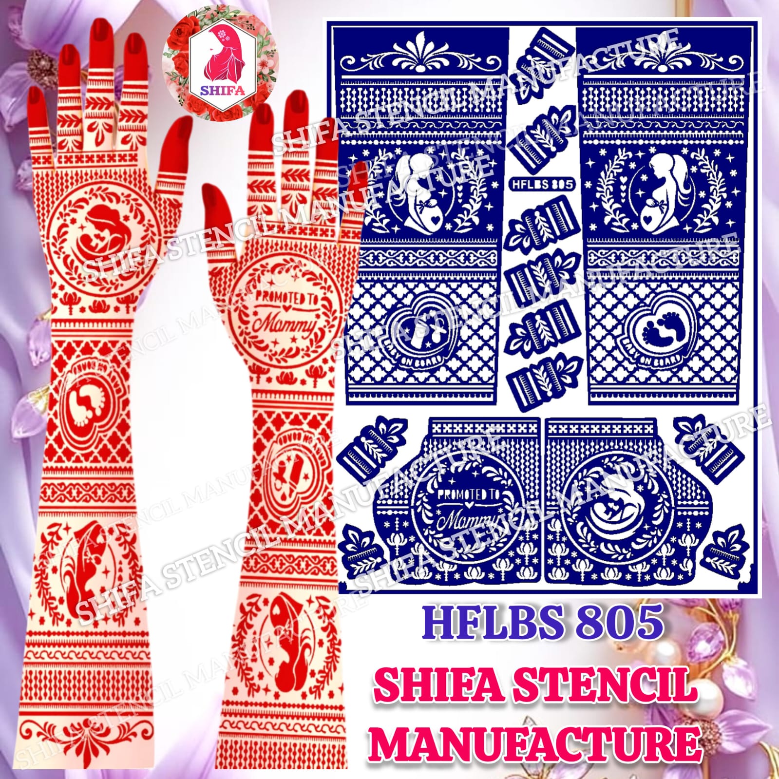 HFLBS 805 Mom & Baby Mehndi Stencil | Reusable Full Hand Henna Stencil | Motherhood Baby Shower Design - 805 - Shifa Stencil Manufacturer