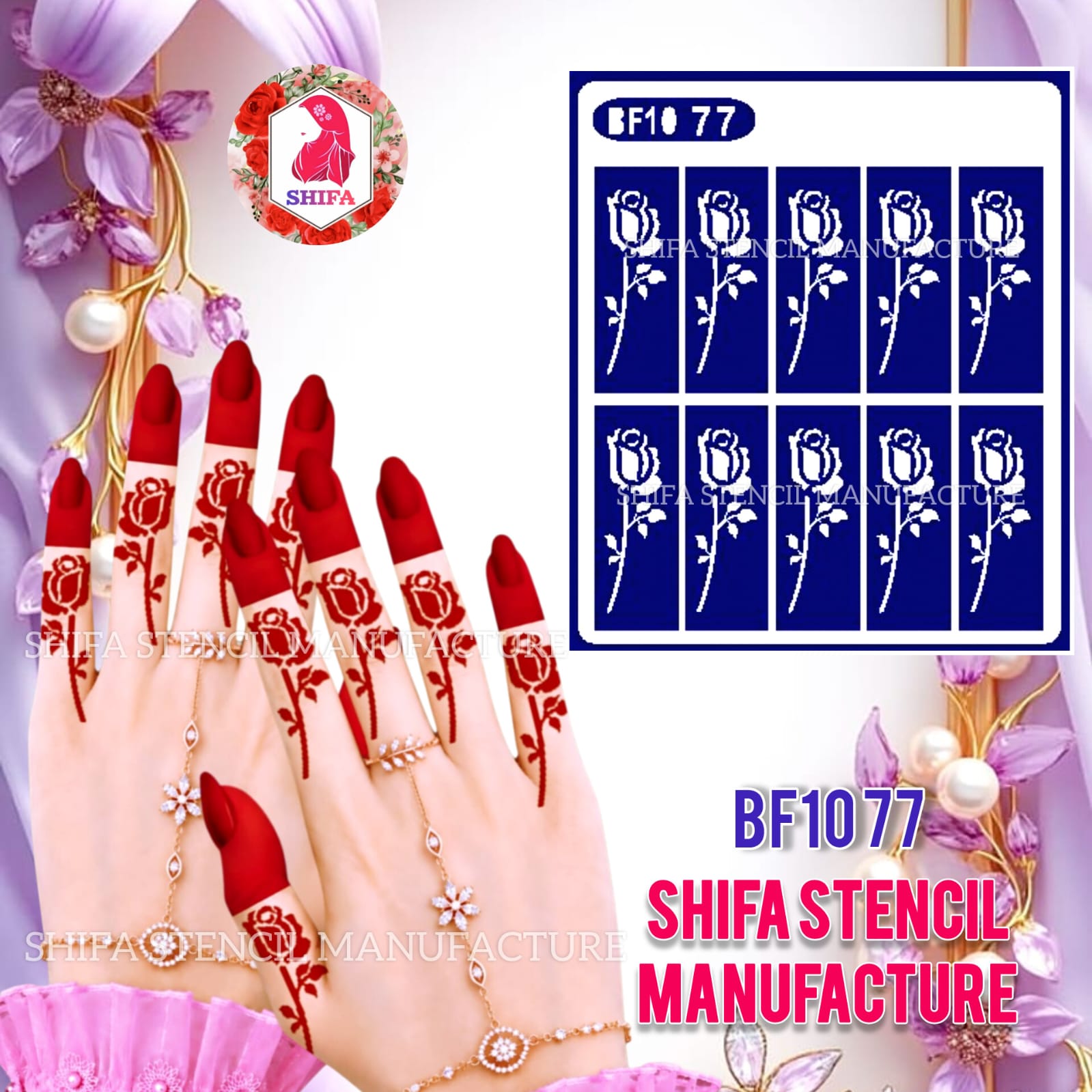 BF1077 Rose Flower Finger Mehndi Henna Stencil | Reusable Floral Vine Design Rose Flower Finger Stencil - BF1077 Henna Stencil - Shifa Stencil