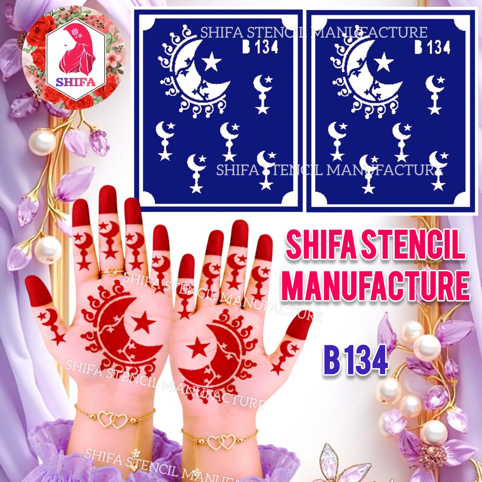 B134 Decorative Crescent Moon Mehndi Stencil | Reusable Henna Hand Design - 134
 - Shifa Stencil Manufacturer