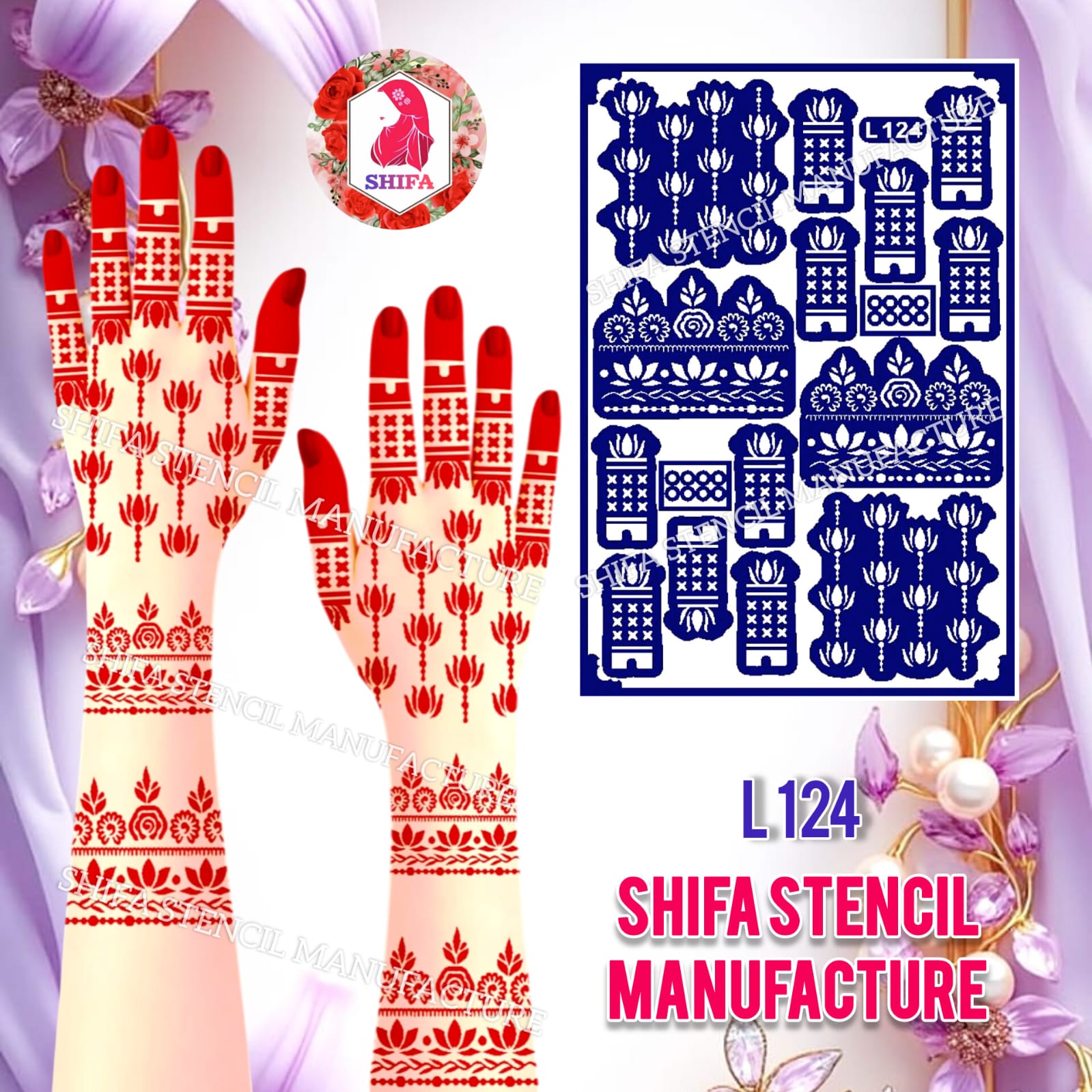 L124 Lotus Floral Full Hand Mehndi Stencil | Reusable Henna Design. Lotus Floral Hand Stencil – L124  Henna Stencil - Shifa Stencil