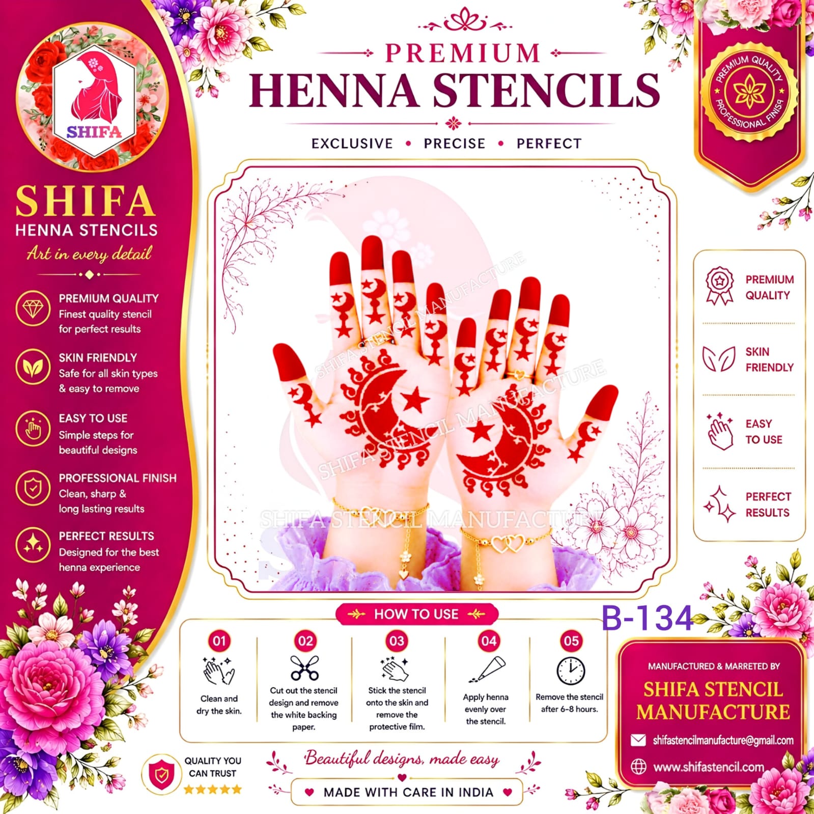 B134 Decorative Crescent Moon Mehndi Stencil | Reusable Henna Hand Design 134 (2) Henna Stencil