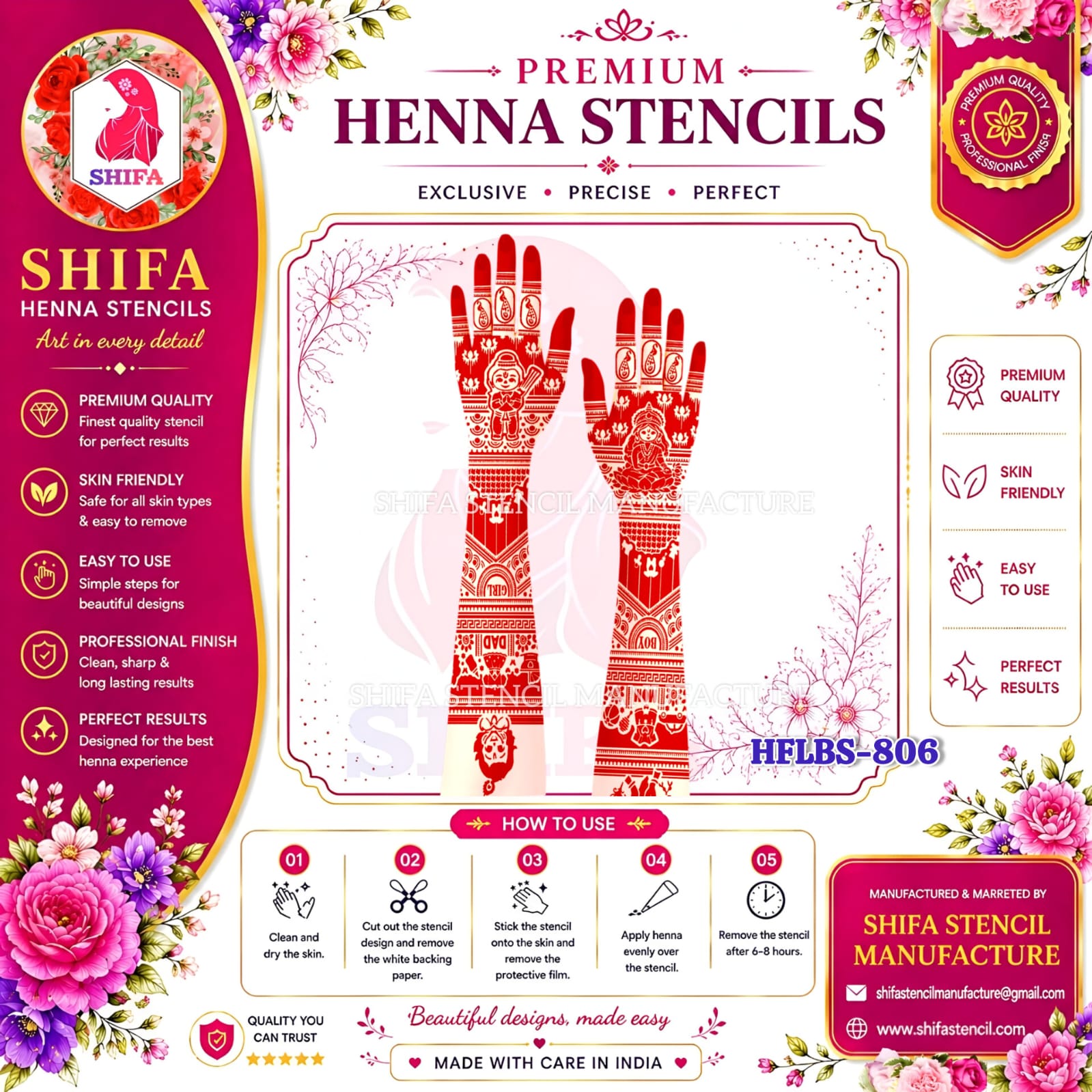 HFLBS 806 Baby Shower & Family Mehndi Stencil | Reusable Full Hand Henna Stencil | Mom Dad Boy Girl Baby Shower Design 806 (2) Henna Stencil