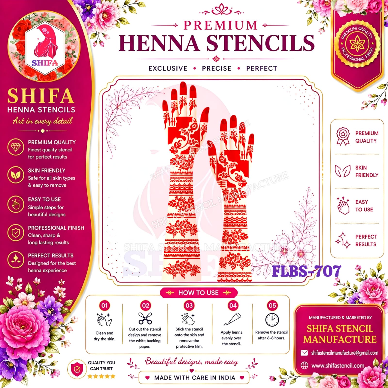 FLBS 707 Shehnai Floral Grace Mehndi 707 Henna Stencil
