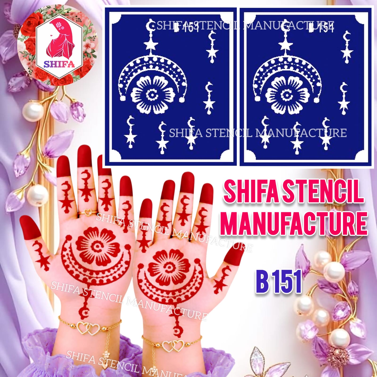 B151 Mandala Crescent Moon Mehndi Stencil | Reusable Henna Hand Stencil - 151 - Shifa Stencil Manufacturer