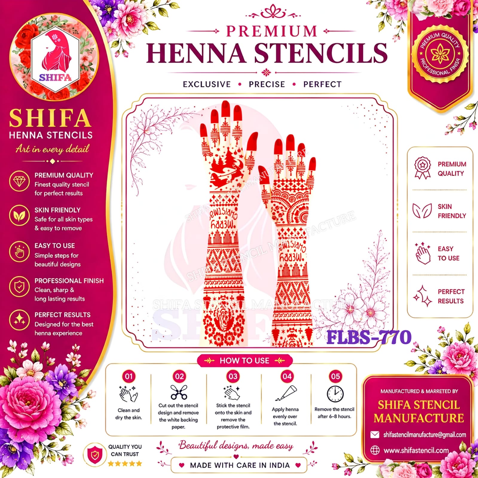 FLBS 770 Festive Christmas Magic Stencil Design 770 Henna Stencil