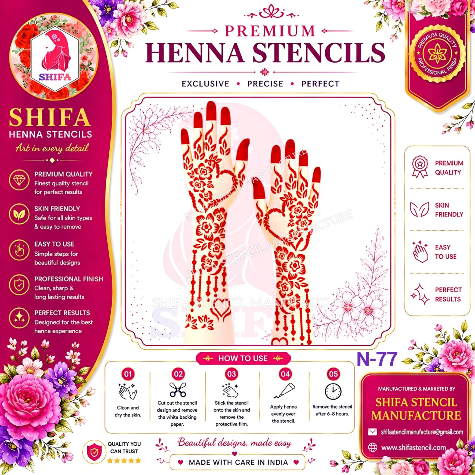 N77 Heart Cascade Charm Themed 77 Henna Stencil