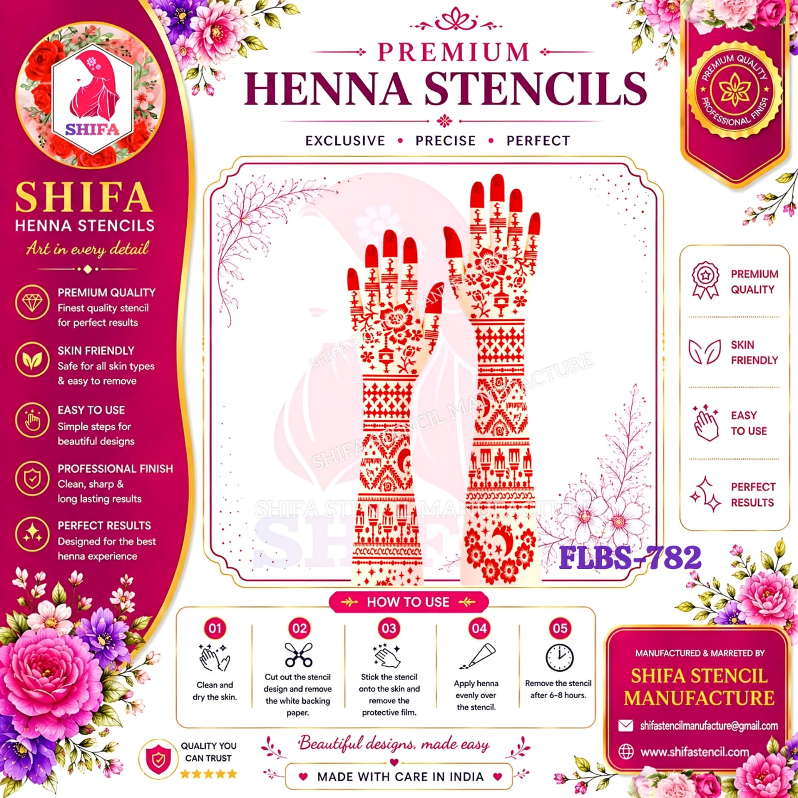 FLBS 782 Sahar Crescent Bloom 782 Henna Stencil