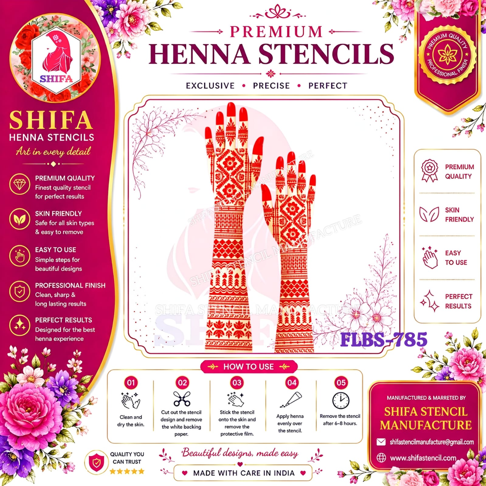 FLBS 785 Dilruba Diamond Charm Mehndi 785 Henna Stencil
