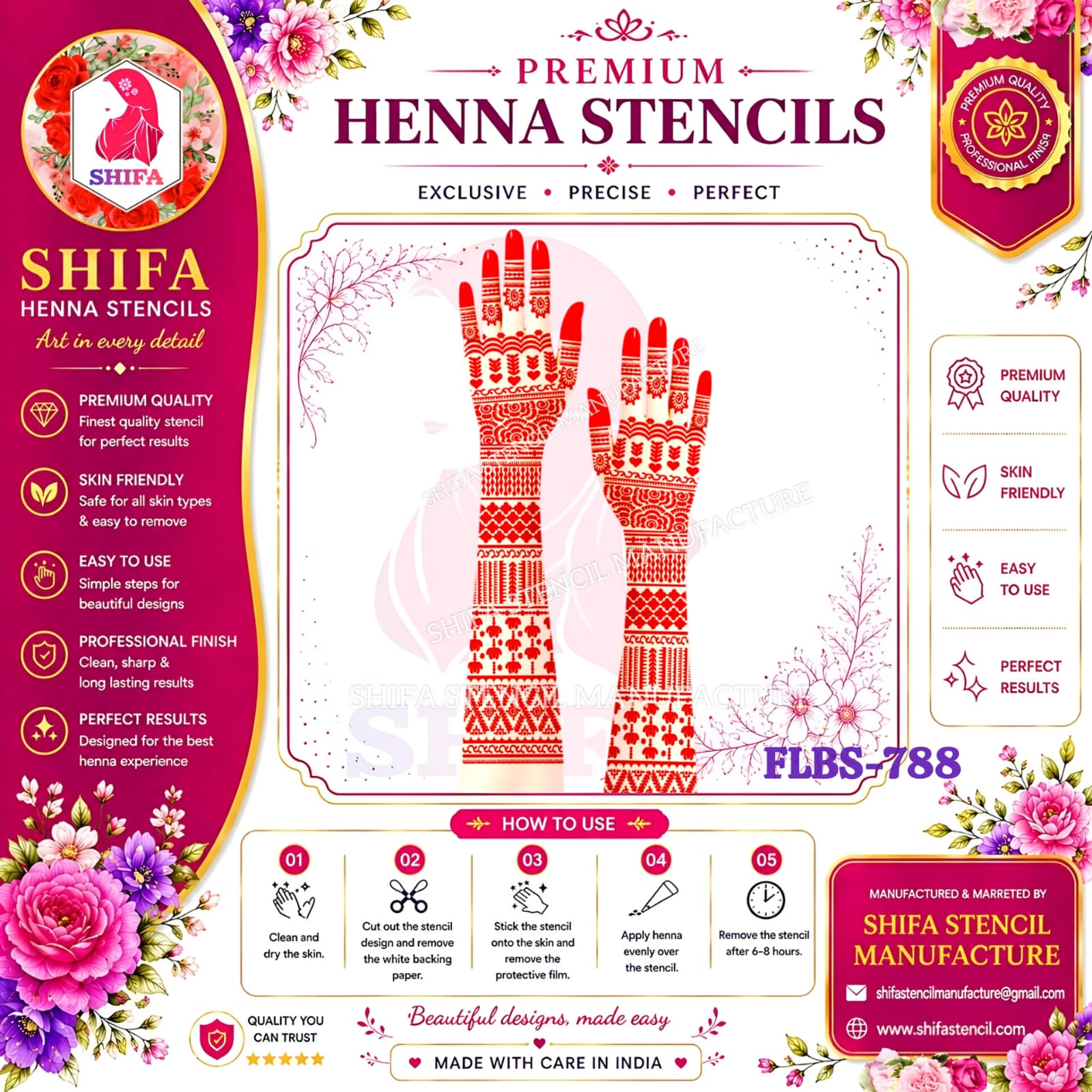 FLBS 788 Graceful Palm Flower Pattern 788 Henna Stencil