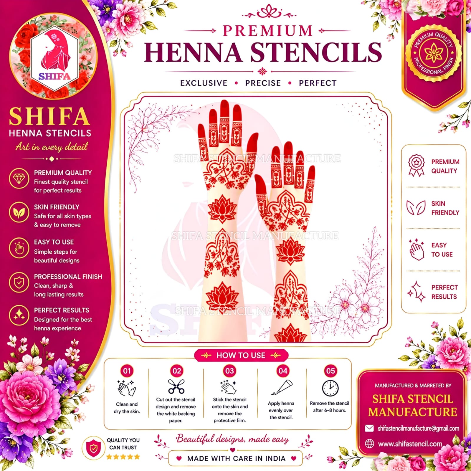 L128 Lotus Floral Full Hand Mehndi Stencil | Reusable Henna Design Lotus Floral Hand Stencil – L128 (2) Henna Stencil