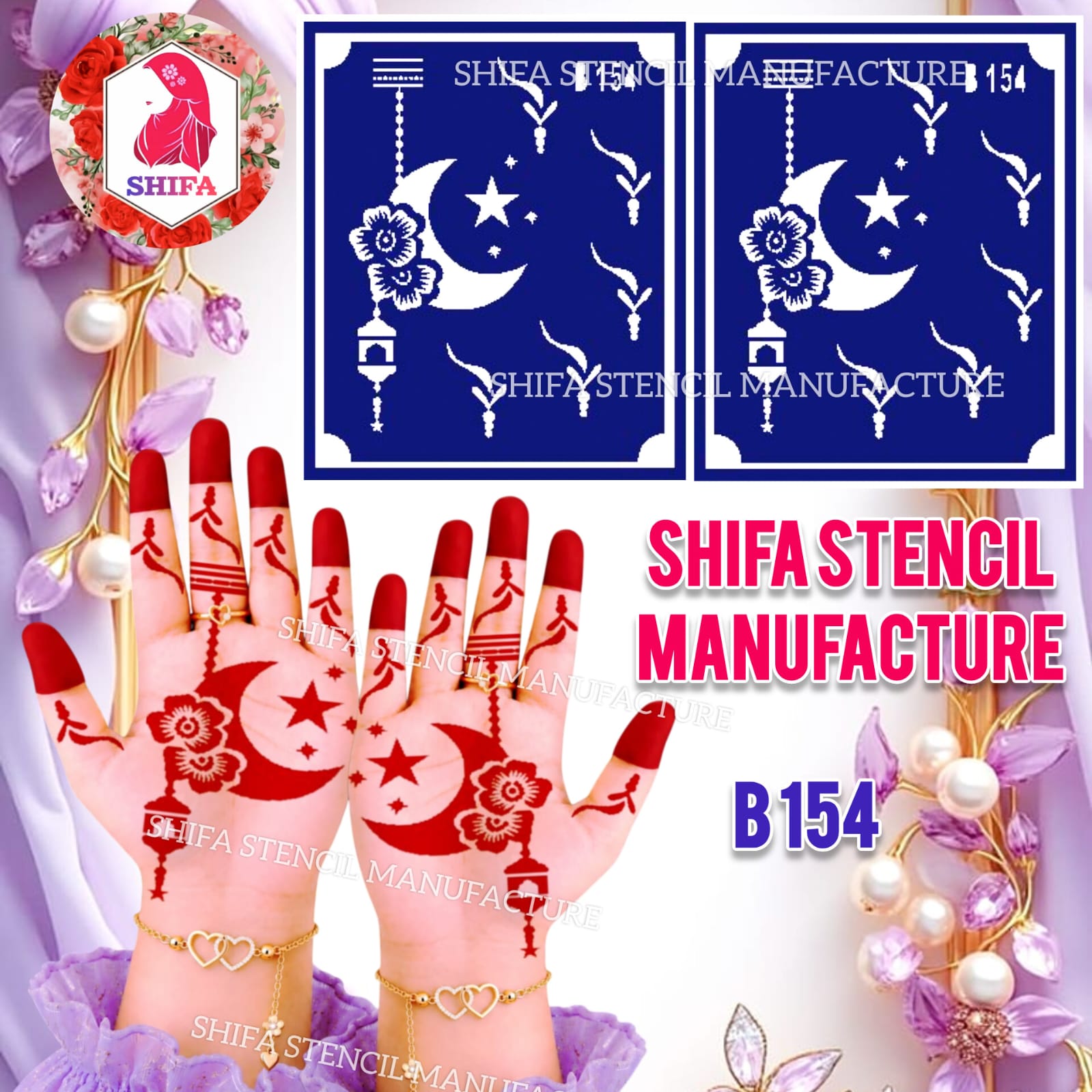 B154 Floral Crescent Moon Mehndi Stencil | Reusable Henna Hand Design - 154 - Shifa Stencil Manufacturer