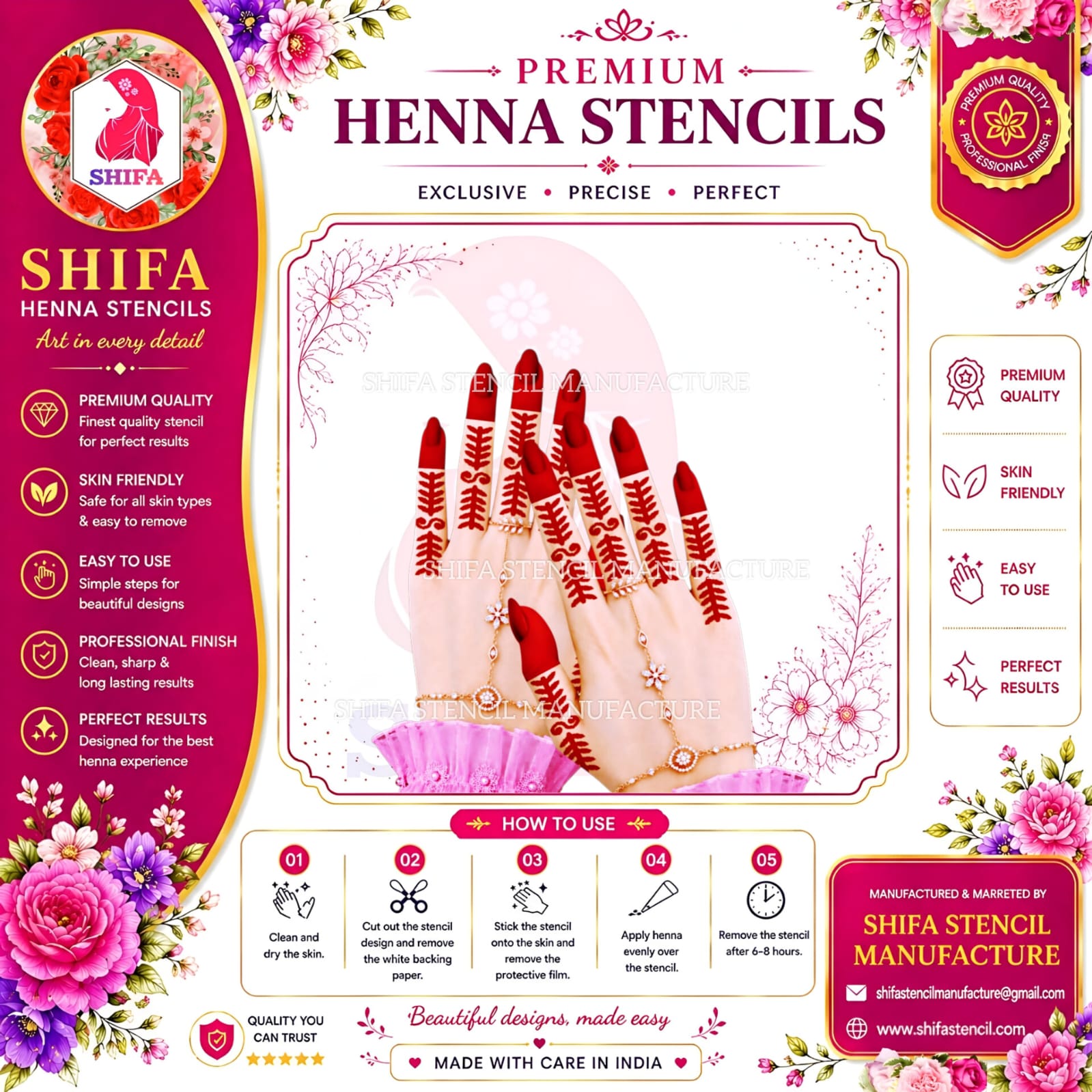 BF97 Leaf  Spiral Finger Mehndi Henna Stencil Reusable Botanical Finger Design. instruction-sheet-97 Henna Stencil