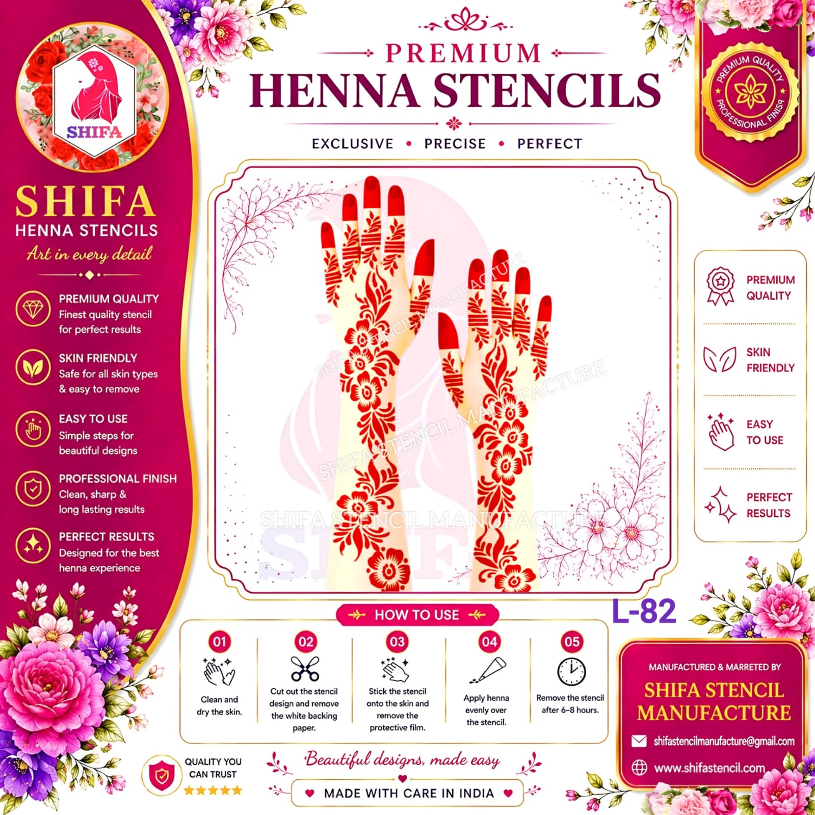 L 82 – Floral Cascade Elegance 82 Henna Stencil