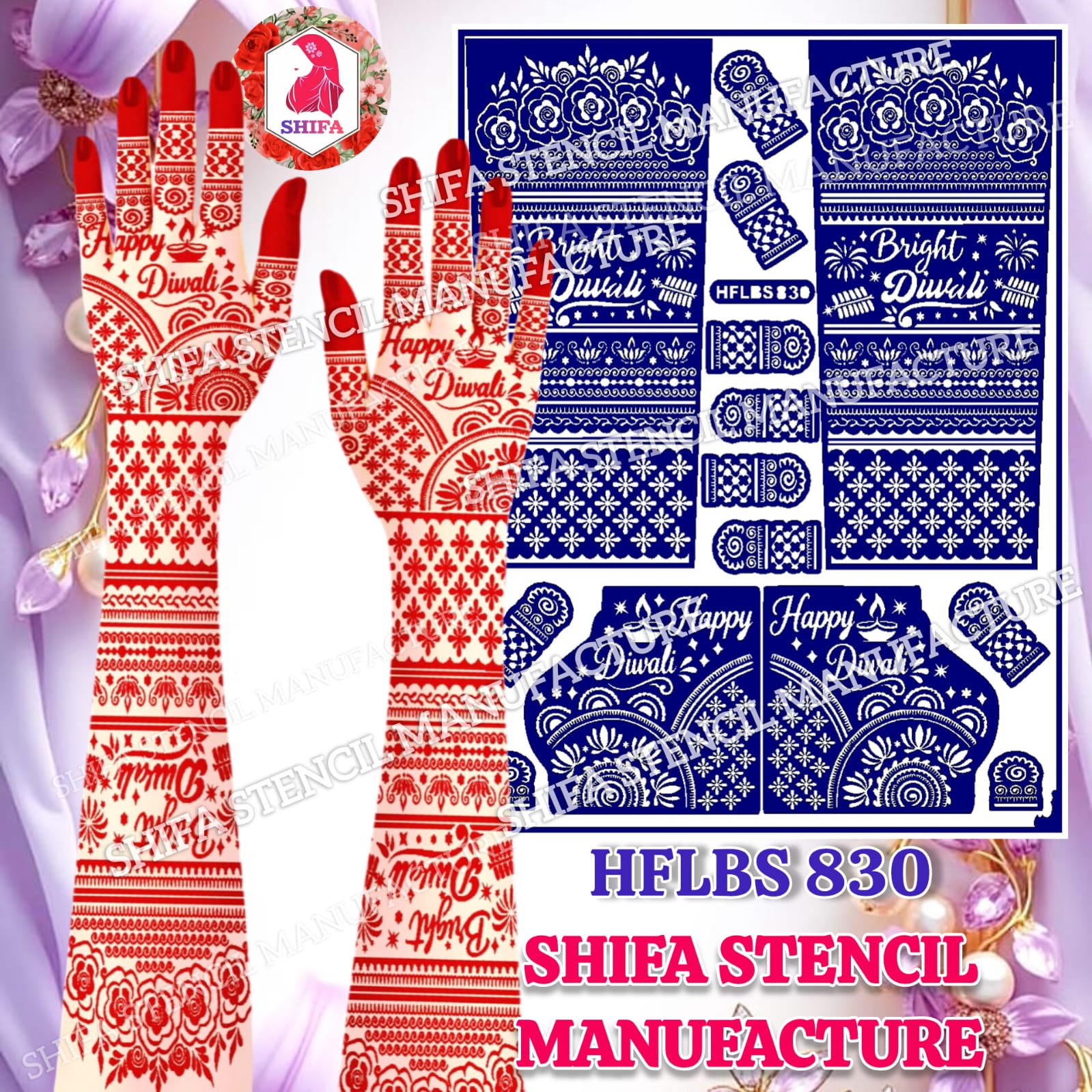 Bright Diwali Special Floral Rose & Mesh Full Hand Mehndi Stencil (HFLBS 830) - 830 - Shifa Stencil Manufacturer