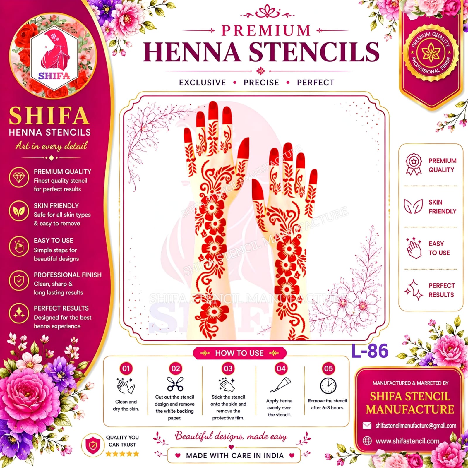 L 86 – Floral Vine Charm 86 Henna Stencil