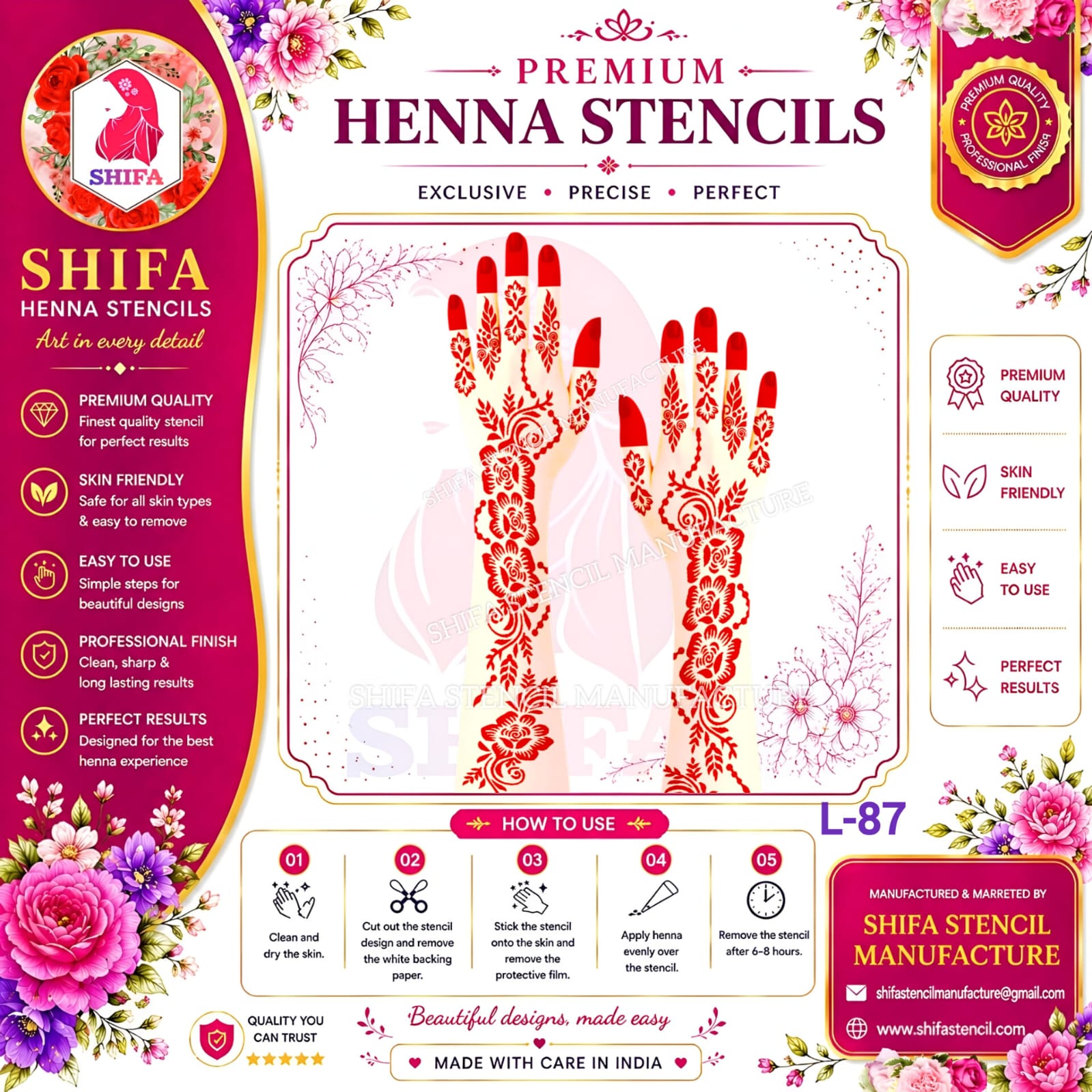 L 87 A graceful floral stencil Design 87 Henna Stencil
