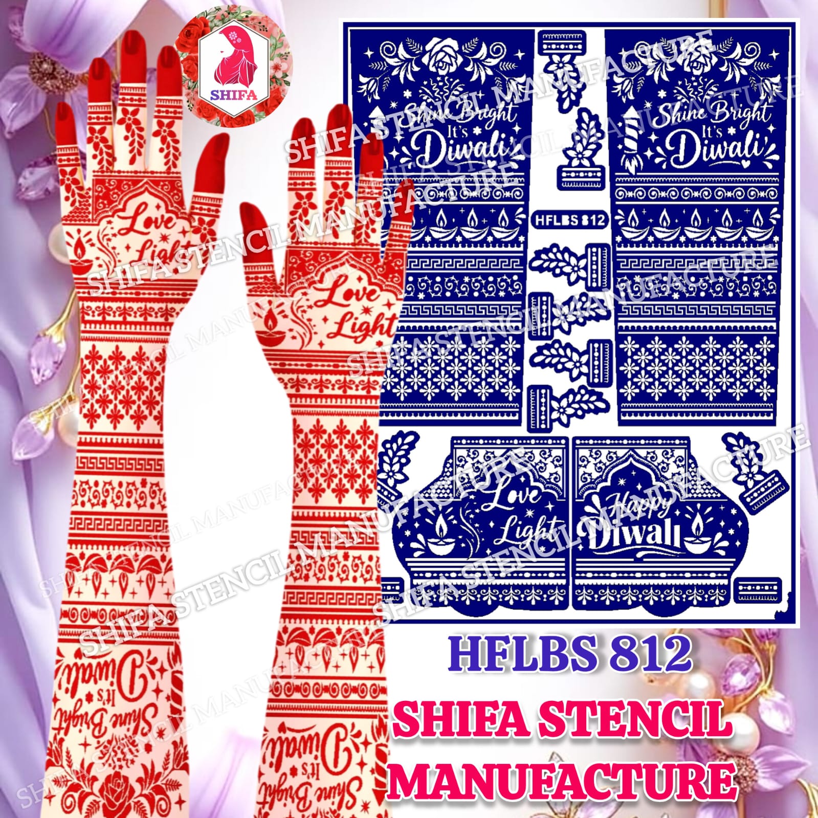 Shine Bright It's Diwali Love & Light Full Hand Mehndi Stencil (HFLBS 812) - 812 - Shifa Stencil Manufacturer