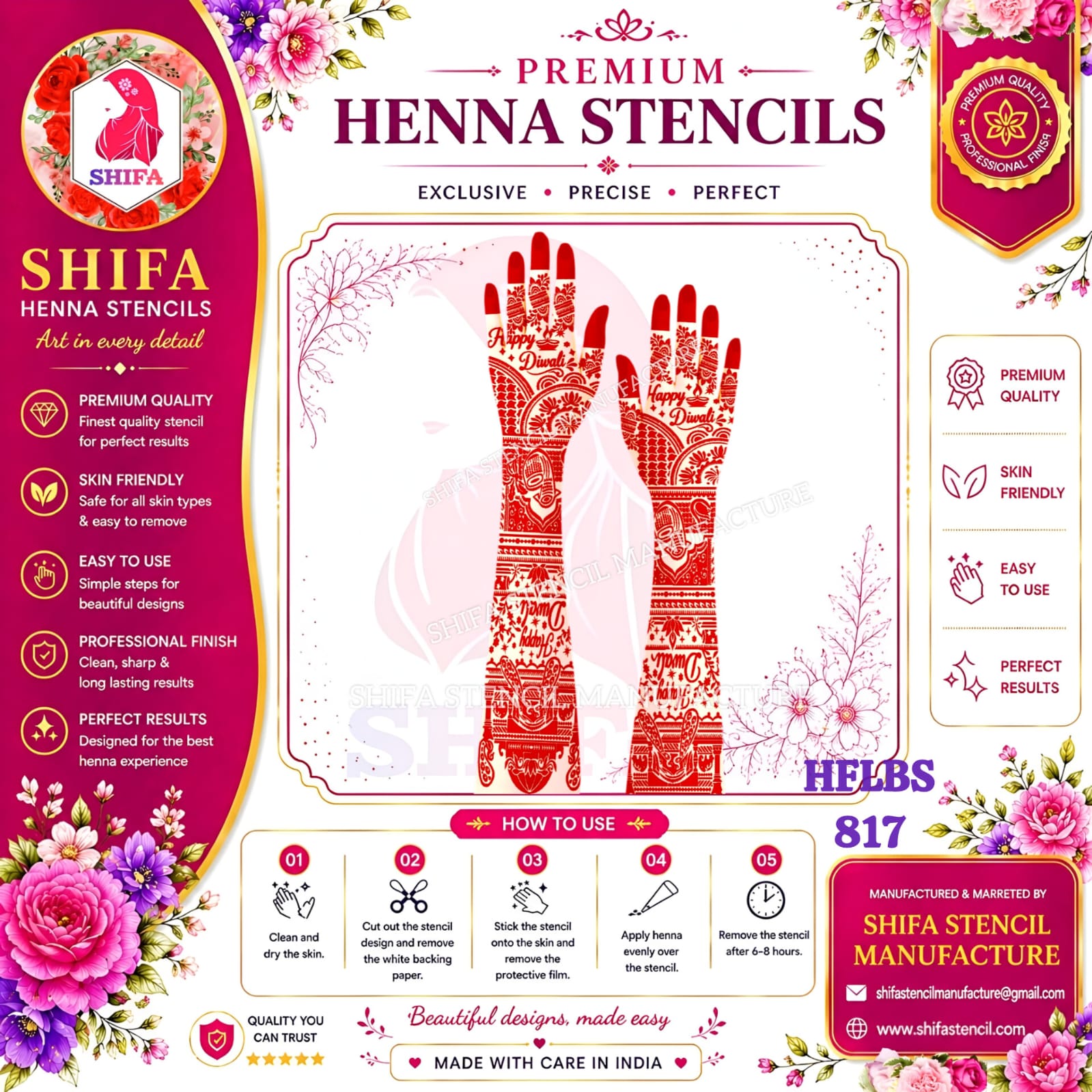 Happy Diwali Special Traditional Kalash & Peacock Full Hand Mehndi Stencil (HFLBS 817) 817 (2) Henna Stencil