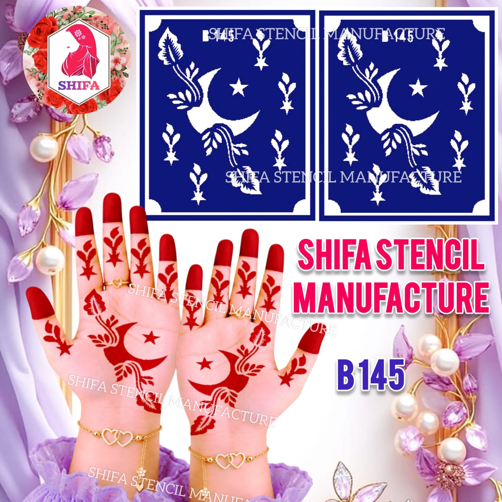 B145 Leafy Crescent Moon Mehndi Stencil | Reusable Henna Hand Stencil - 145 - Shifa Stencil Manufacturer