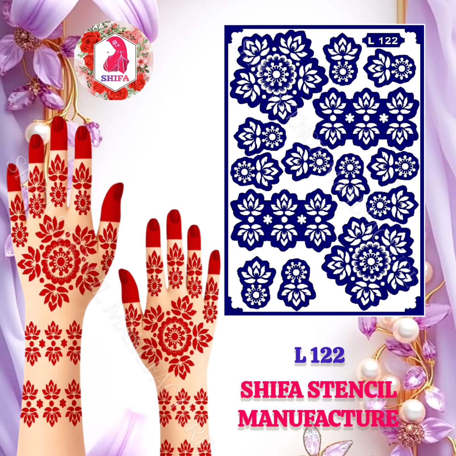 L122 Floral Motif Mehndi Stencil | Reusable Henna Hand Design
 Floral Motif Hand Stencil – L122 Henna Stencil - Shifa Stencil