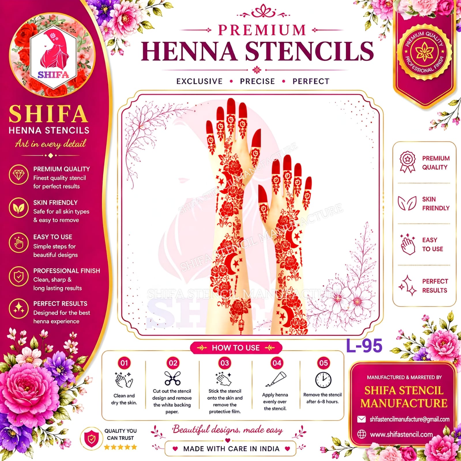 L95 Rose with Moon Mixed Arabic Design  95 Henna Stencil
