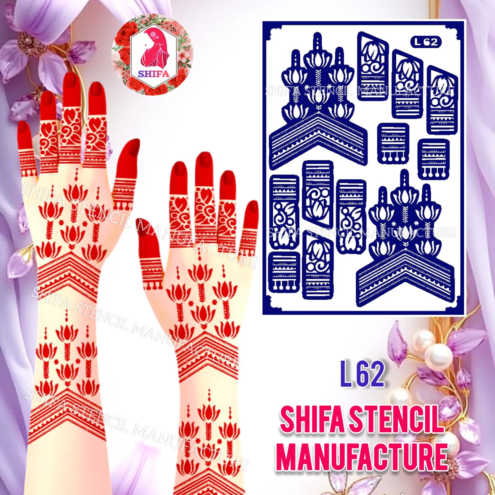 L62 Lotus Traditional Full Hand Mehndi Stencil | Reusable Henna Design Lotus Traditional Hand Stencil – L62 Henna Stencil - Shifa Stencil