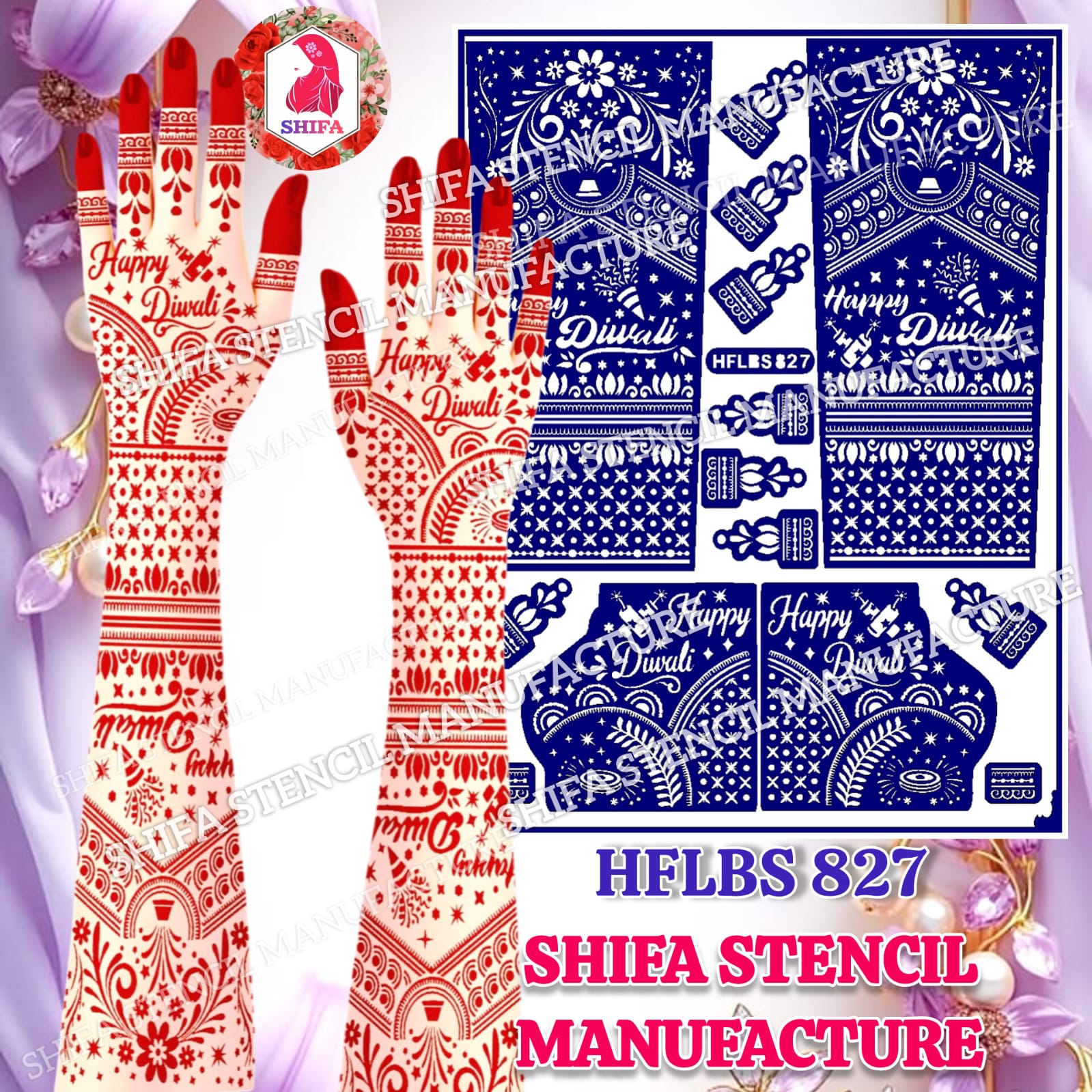 Happy Diwali Special Sparkle & Diya Full Hand Mehndi Stencil (HFLBS 827) - 827 - Shifa Stencil Manufacturer