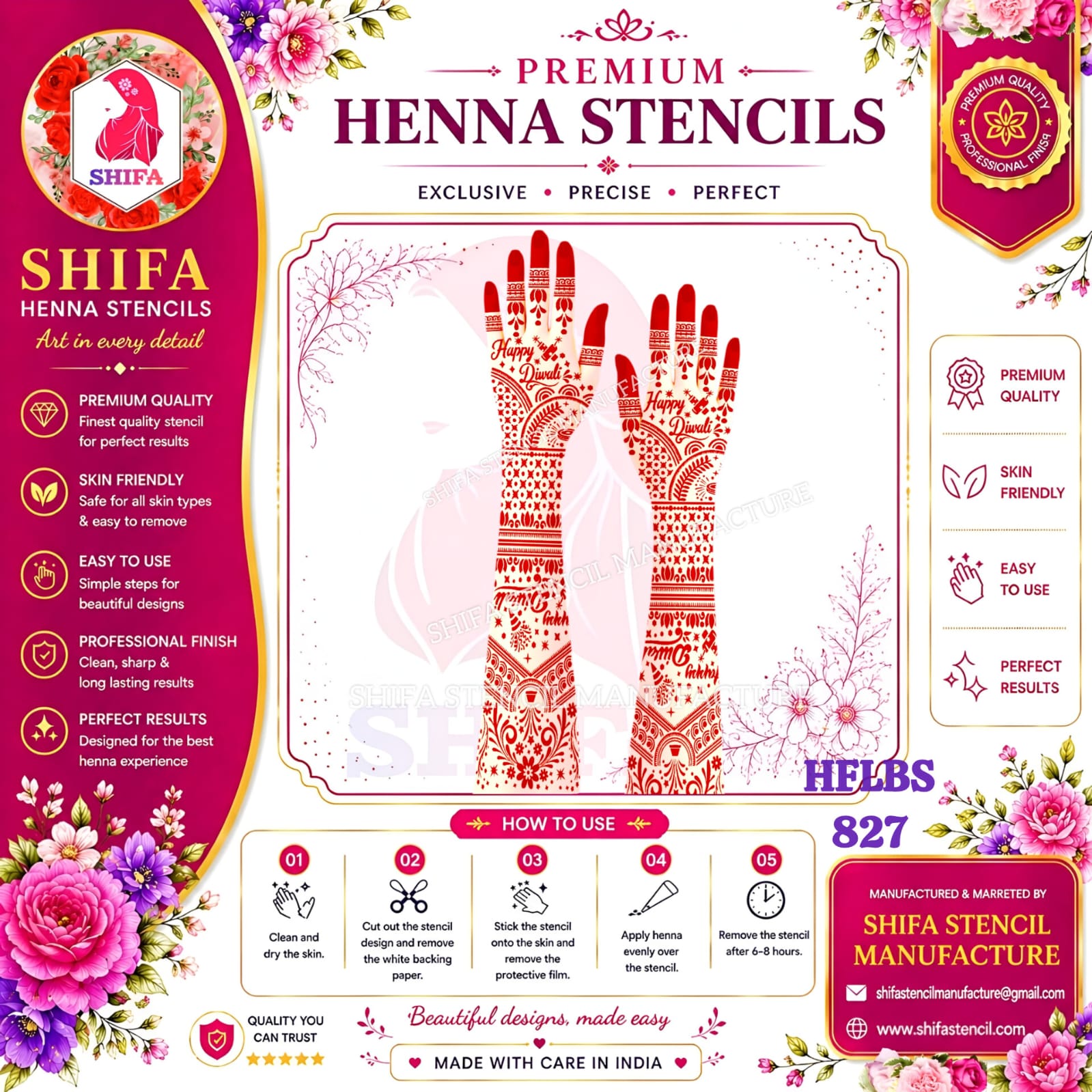 Happy Diwali Special Sparkle & Diya Full Hand Mehndi Stencil (HFLBS 827) 827 (2) Henna Stencil