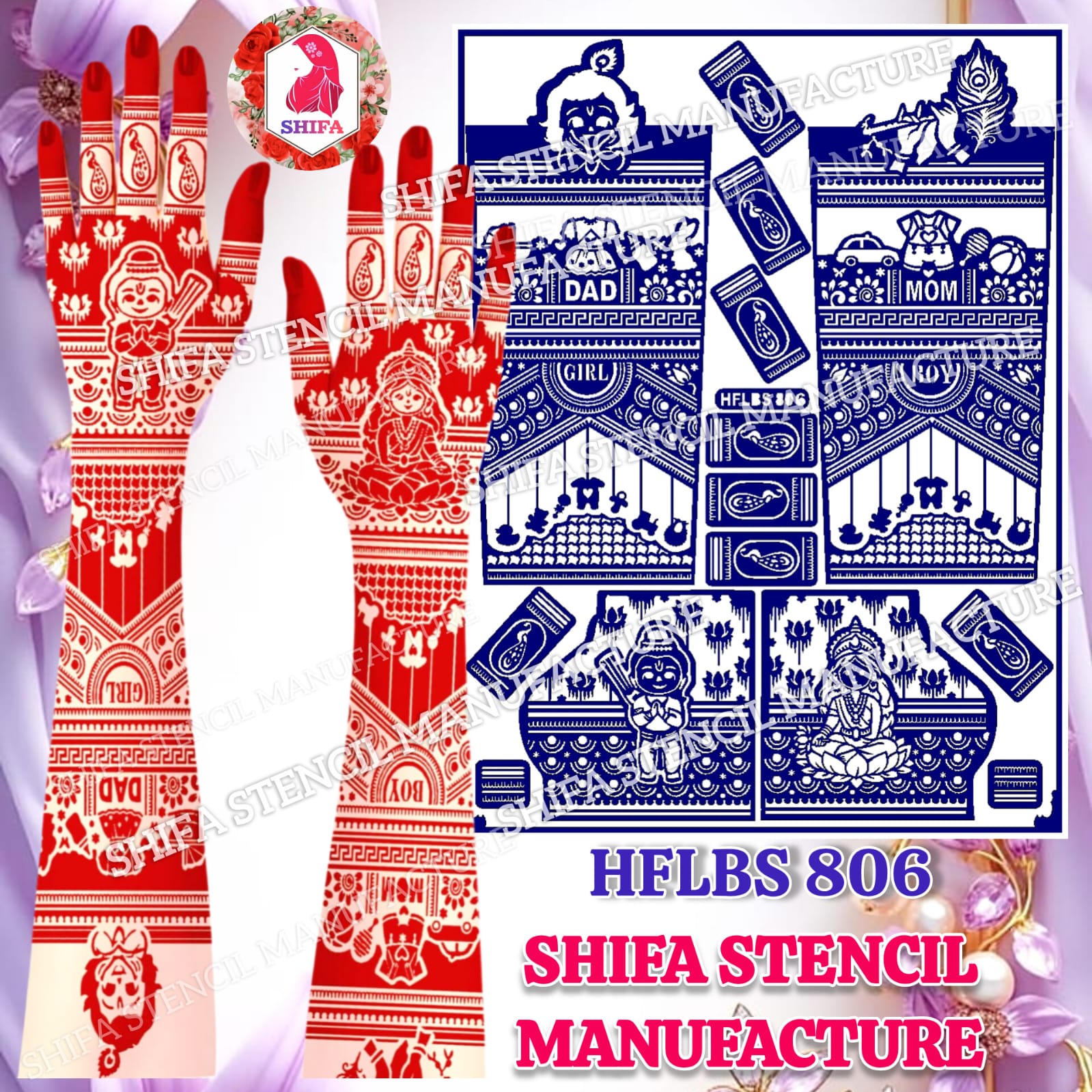 HFLBS 806 Baby Shower & Family Mehndi Stencil | Reusable Full Hand Henna Stencil | Mom Dad Boy Girl Baby Shower Design - 806 - Shifa Stencil Manufacturer