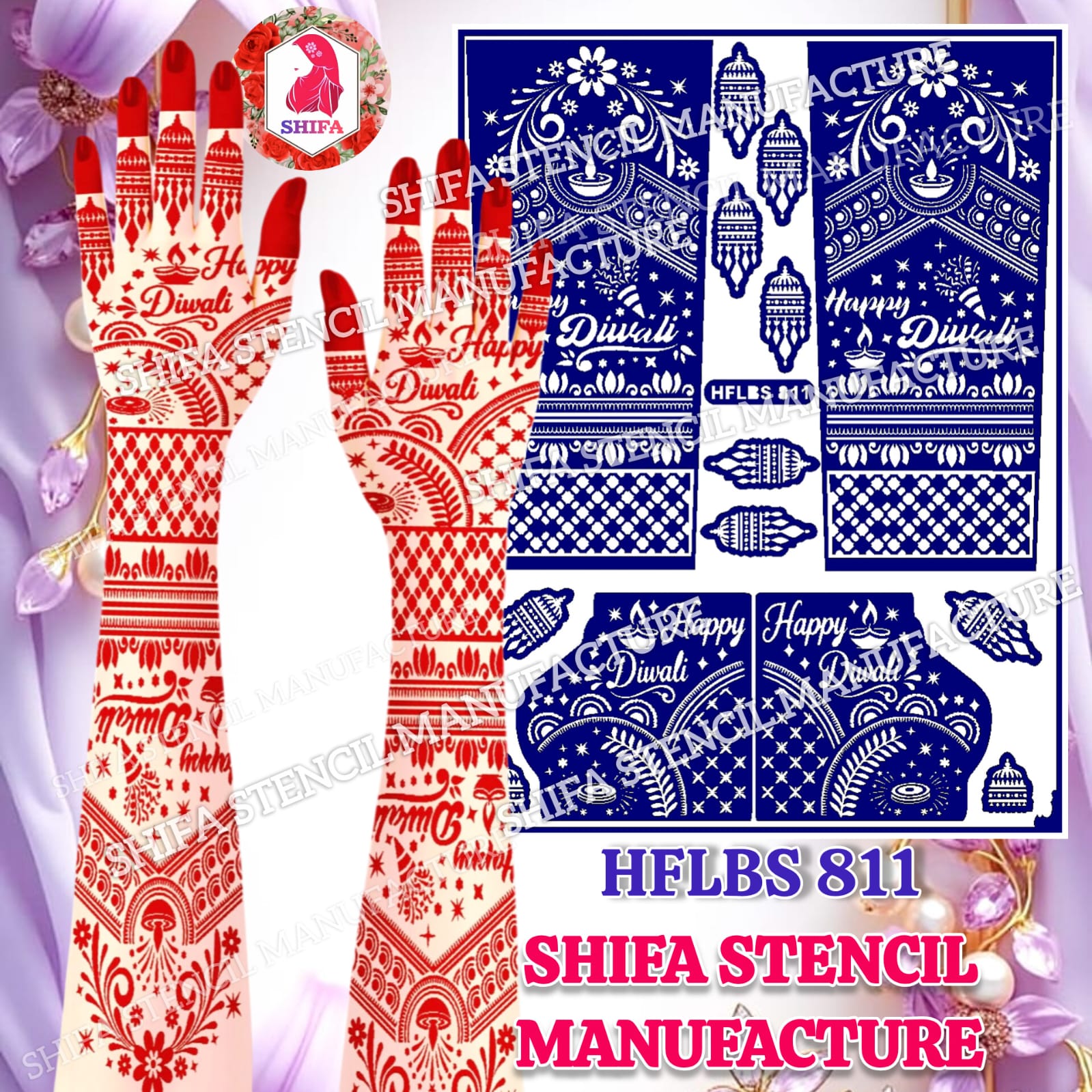 Happy Diwali Special Hanging Lanterns & Floral Full Hand Mehndi Stencil (HFLBS 811) – Reusable Sticker Sheet - Diwali Designs Henna Stencil - Shifa Stencil