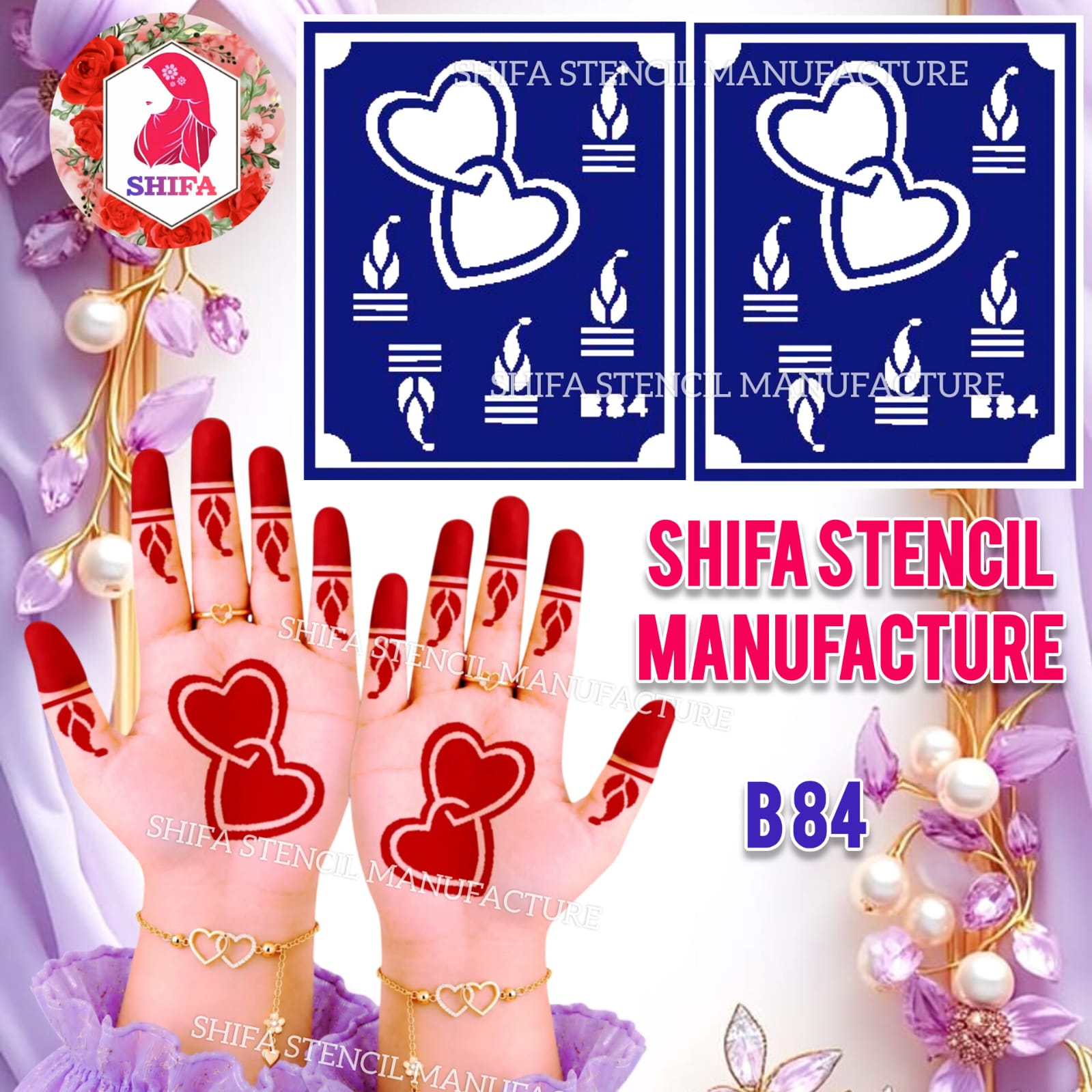 B84 Heart Floral Hand Mehndi Stencil | Reusable Henna Design - Heart Floral Hand Stencil – B84 - Shifa Stencil Manufacturer