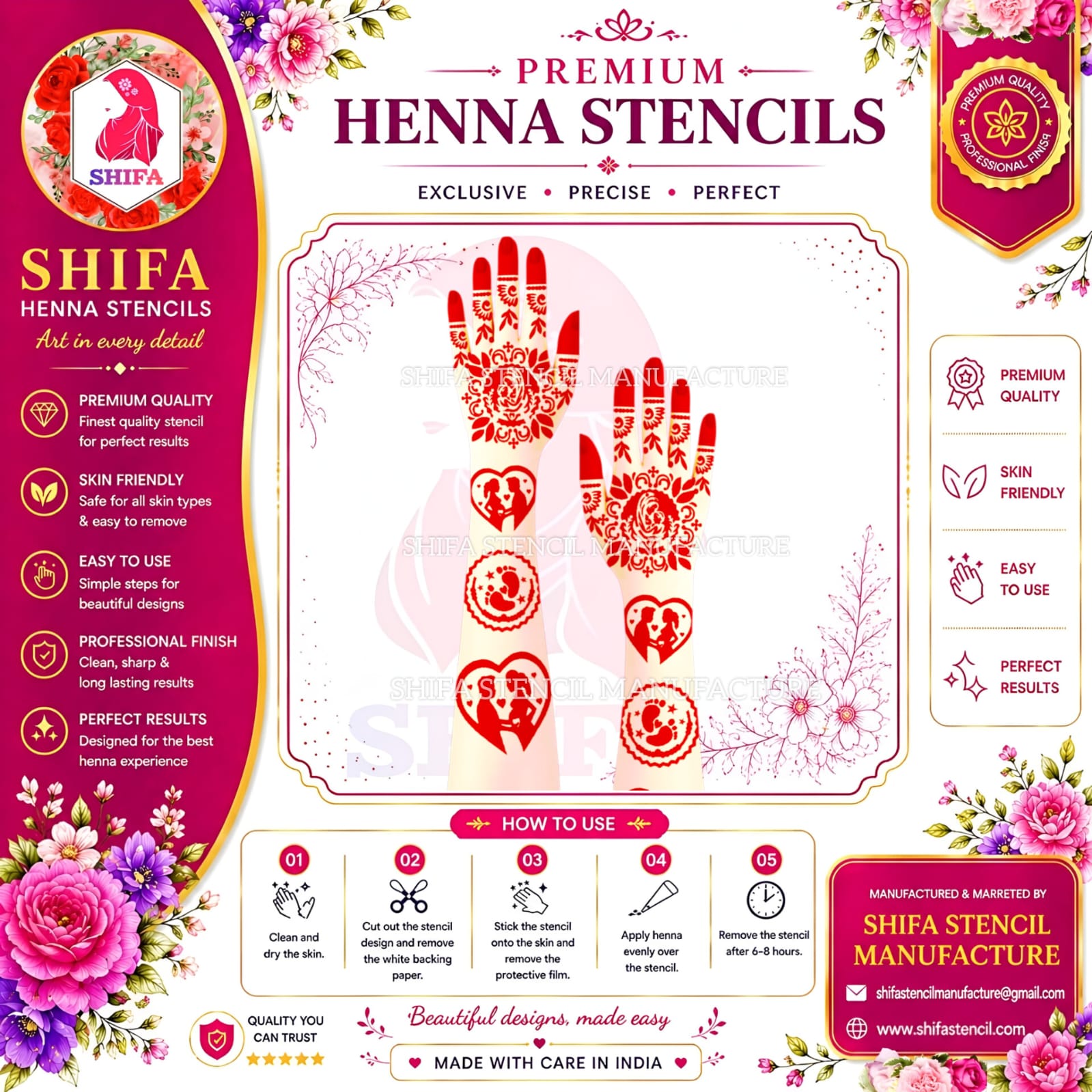 BSL 68 Father & Mother Themed Baby shower design Instruction Henna Stencil