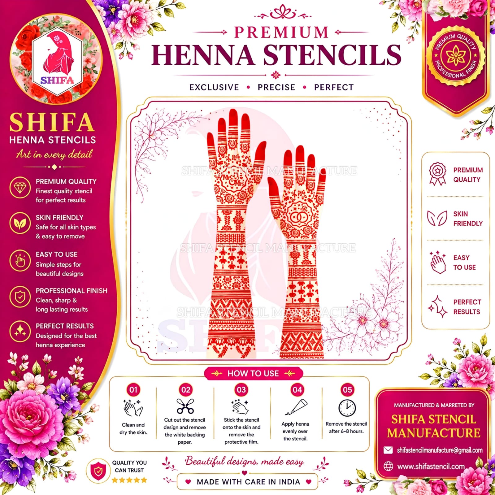 FLBS 804 Heavy Bridal Mr & Mrs Couple Ring Themed Instruction Henna Stencil
