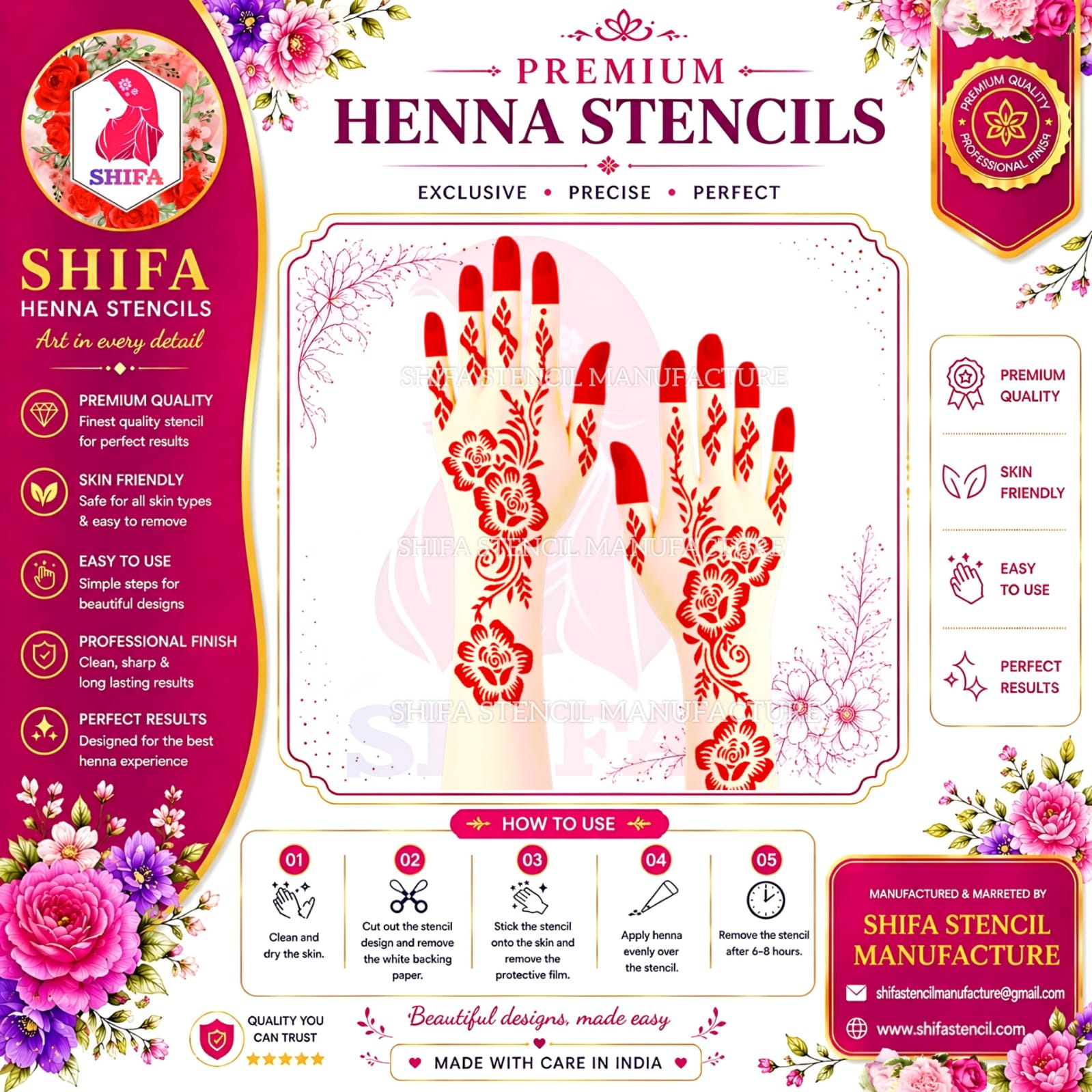 SS22 A graceful floral stencil Design  Instruction Henna Stencil