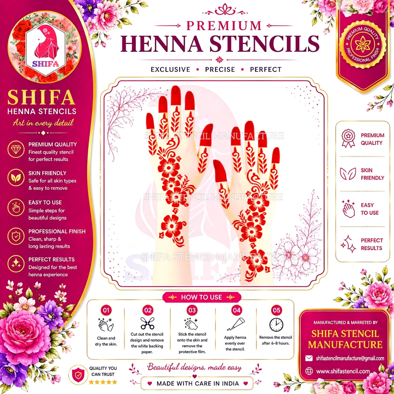 SS20 Trendy Floral Arabic design  Instruction Henna Stencil