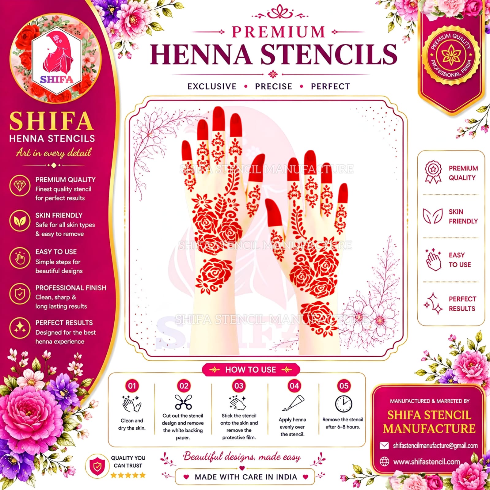SS13 Rose Themed Arabic Design  Instruction Henna Stencil