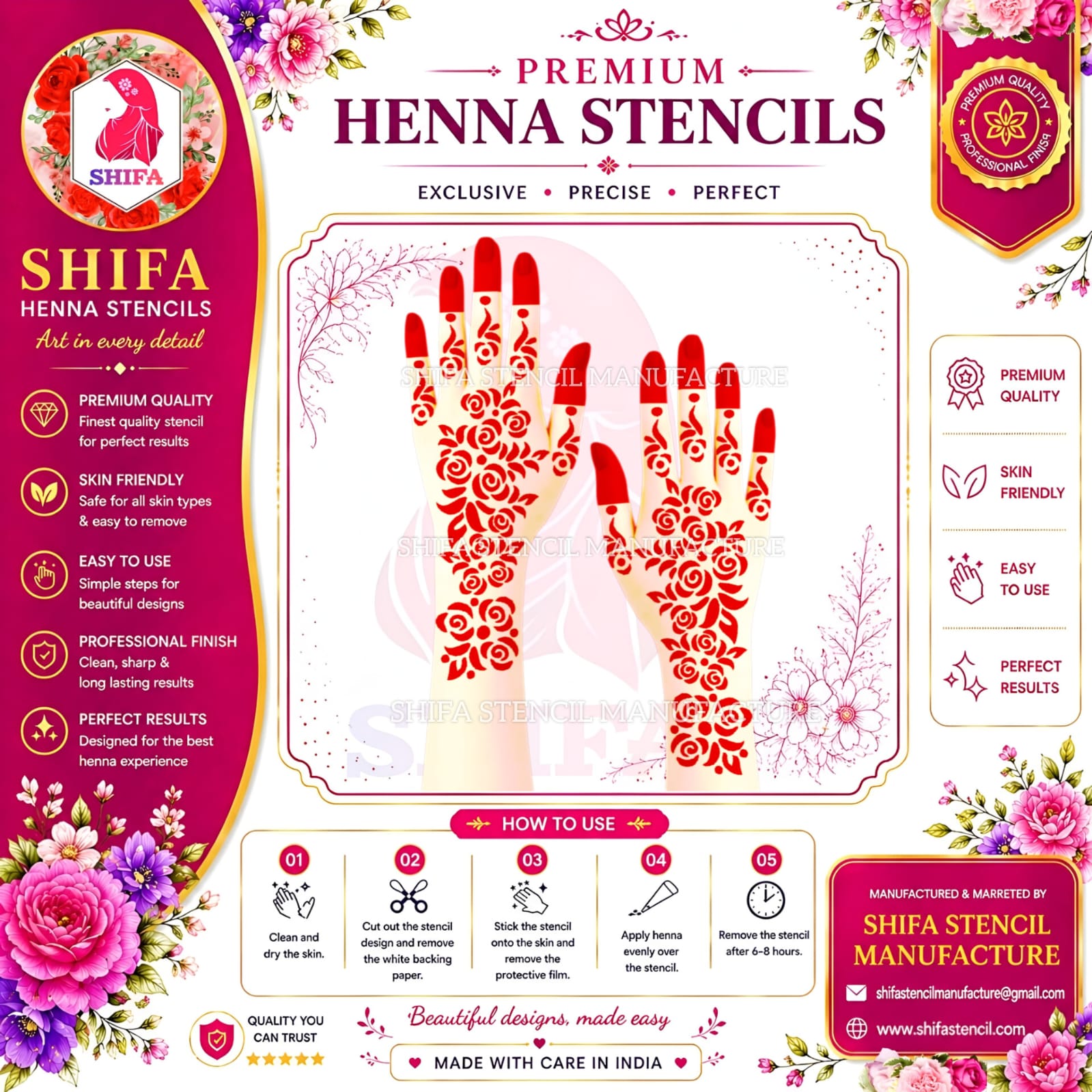 S92 Full Floral Rose Cascade Design Instruction Henna Stencil