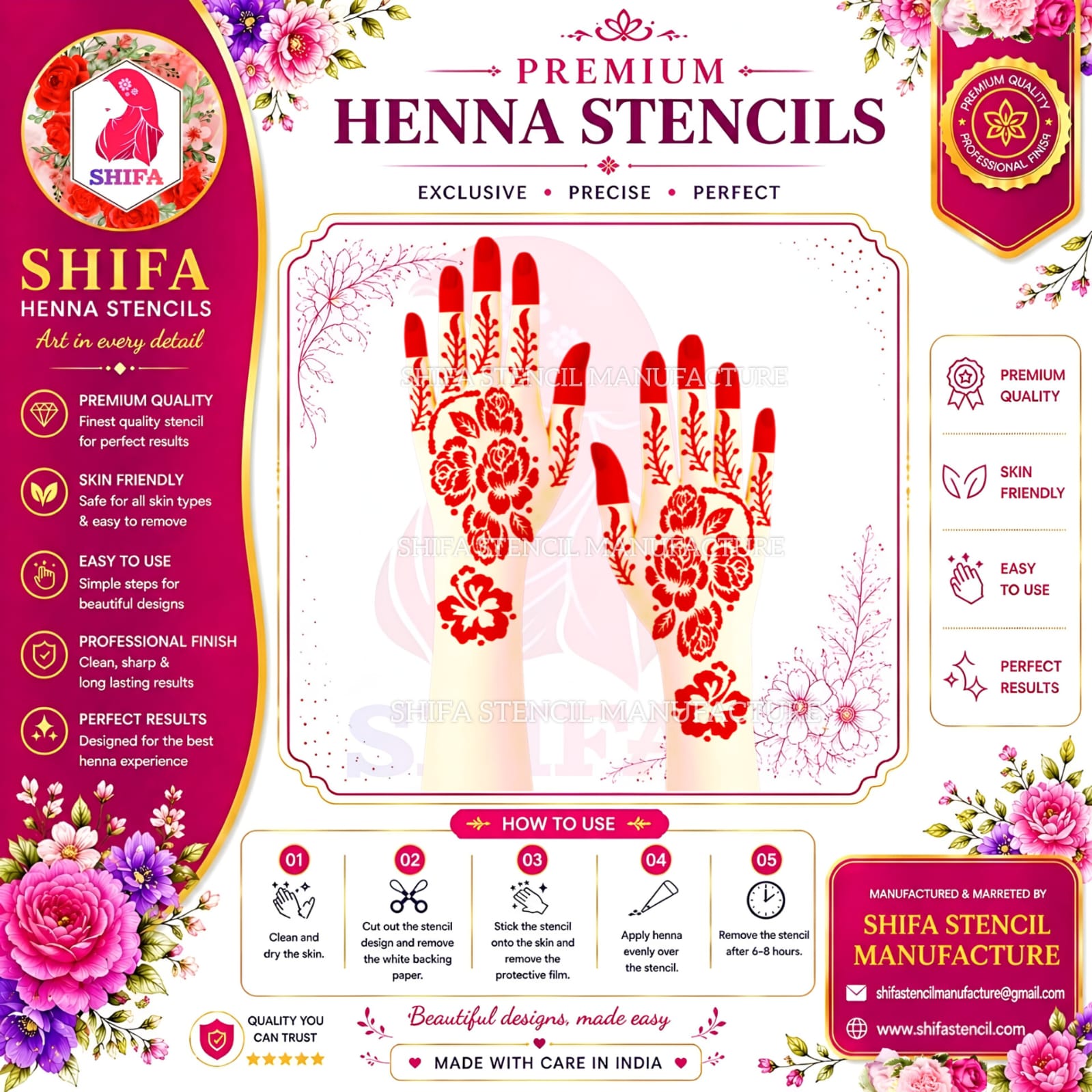SS9 Beautiful Rose Patterned Arabic Design  Instruction Henna Stencil