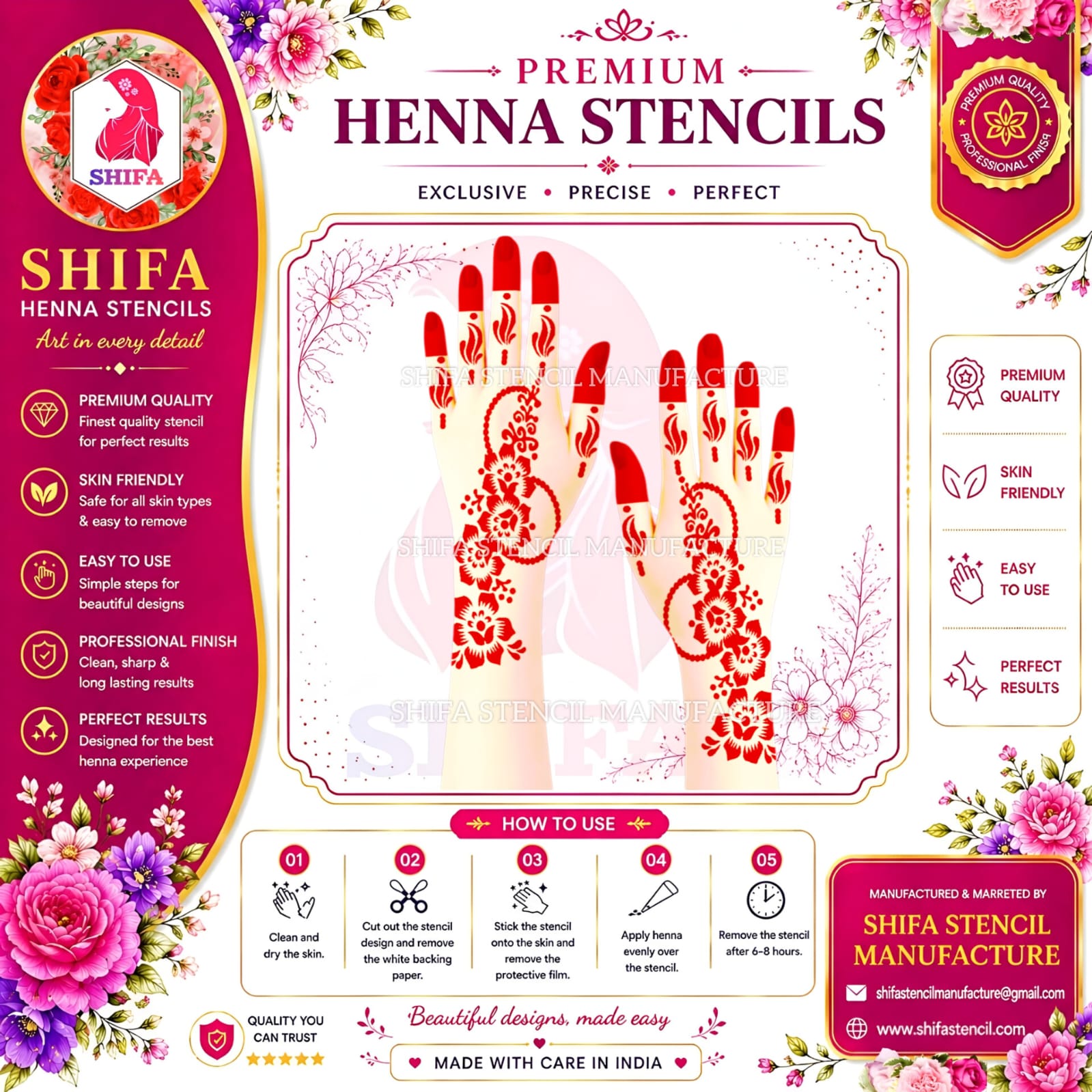 SS5 Florals and decorative circular Patterns Instruction Henna Stencil