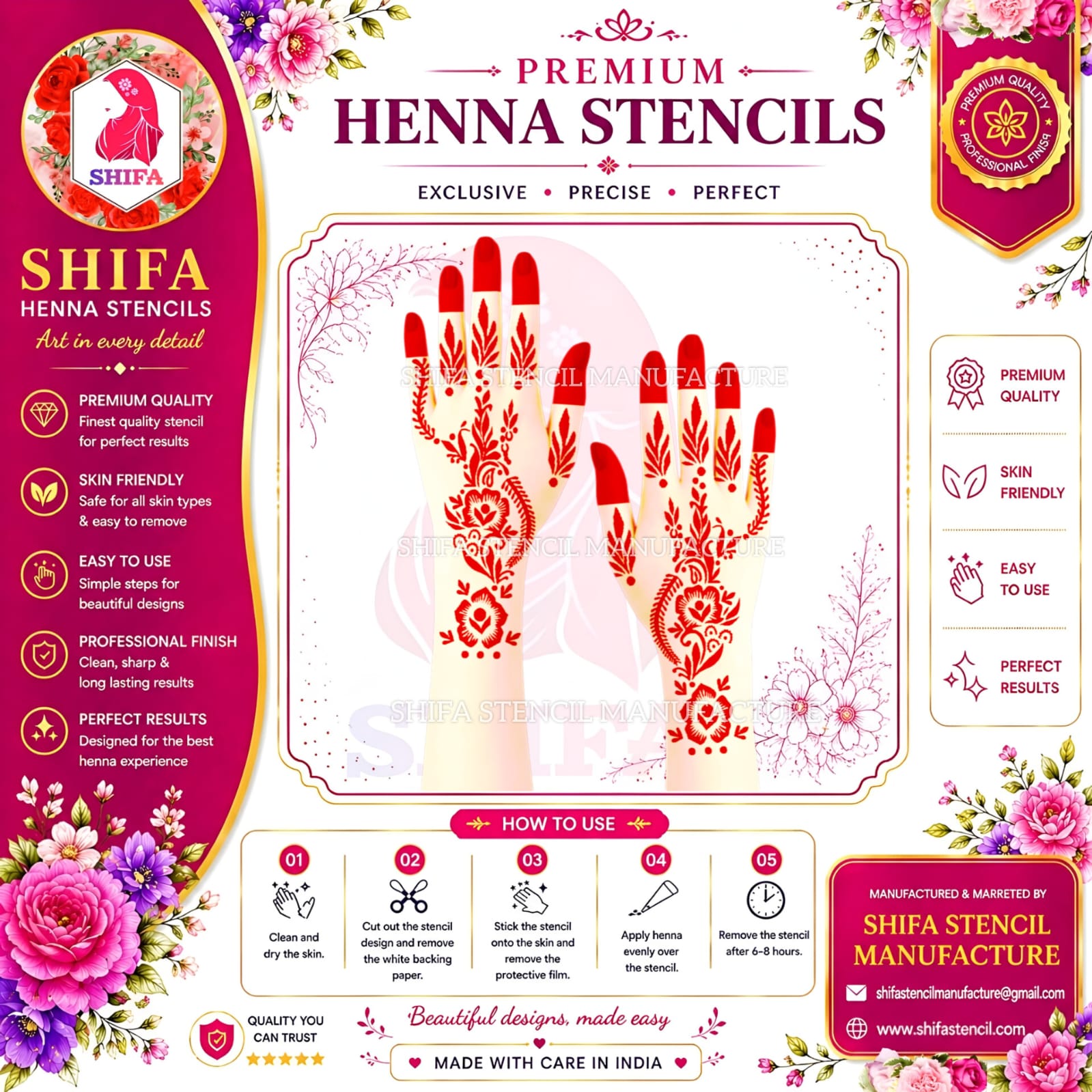 SS3 Unique Floral Patterned Arabic Design  Instruction Henna Stencil