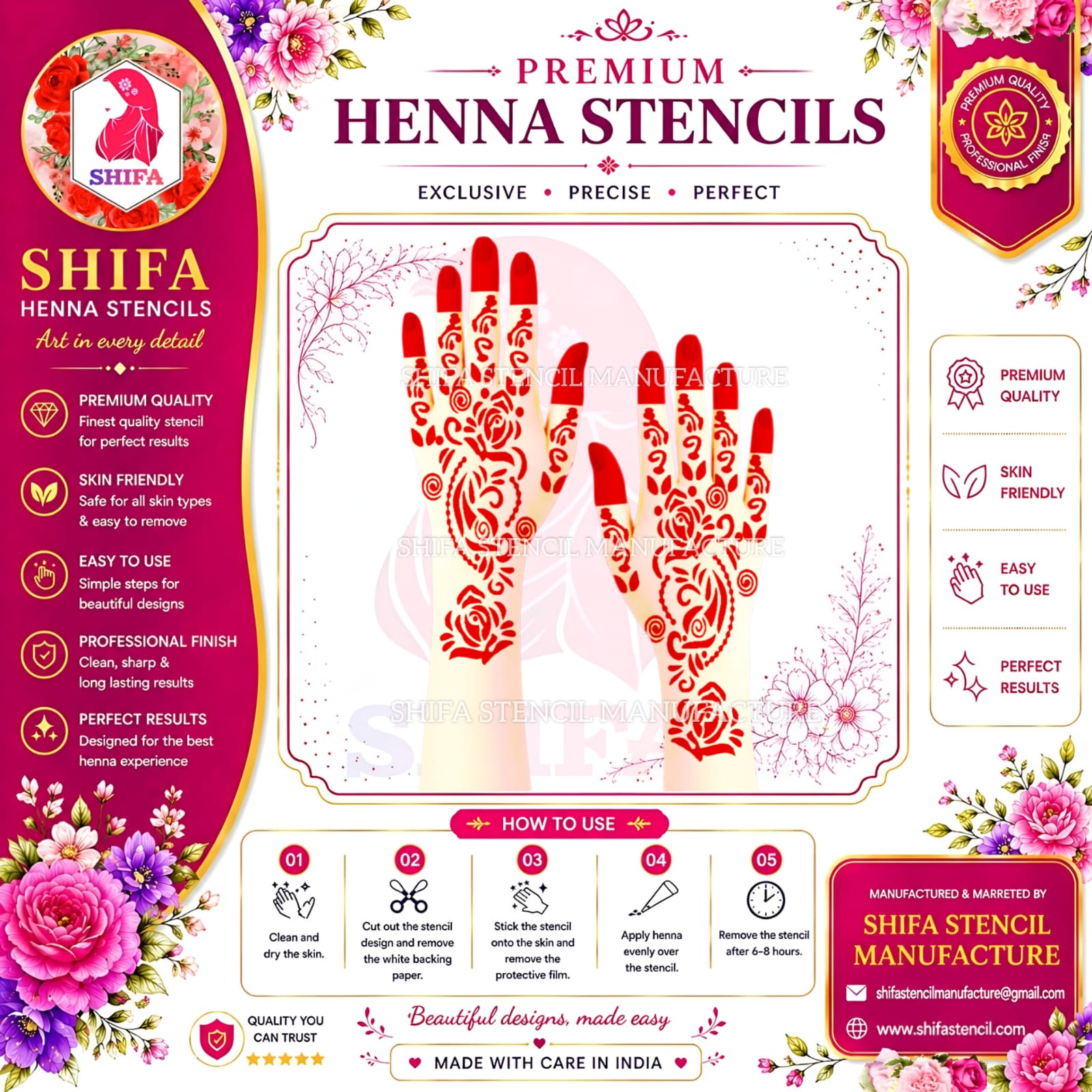 SS2 Rose Patterned Unique Arabic Design  Instruction Henna Stencil