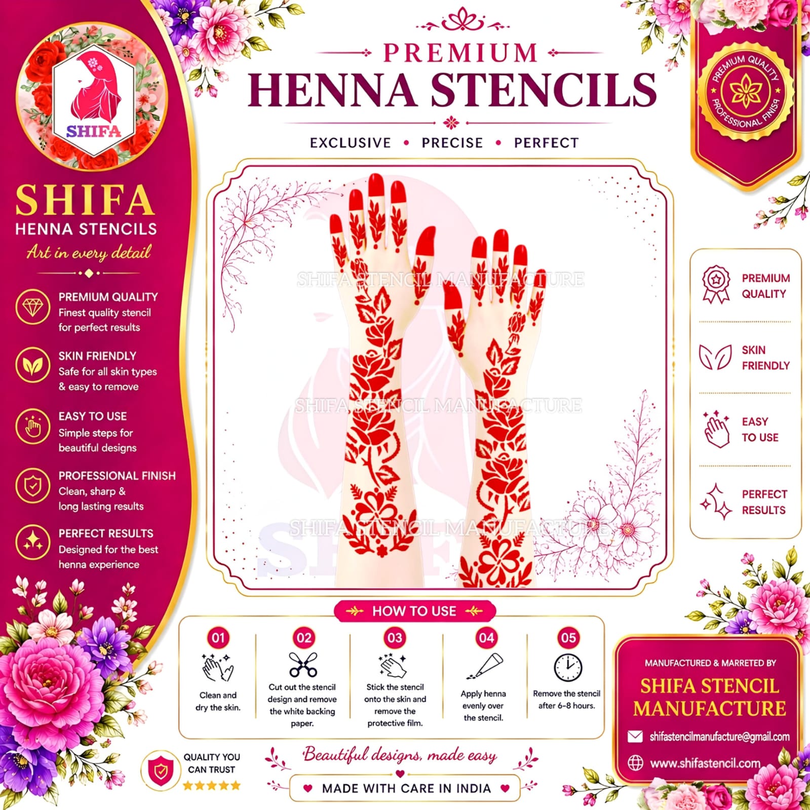 L27 – Symmetric Garden Grace Instruction Henna Stencil