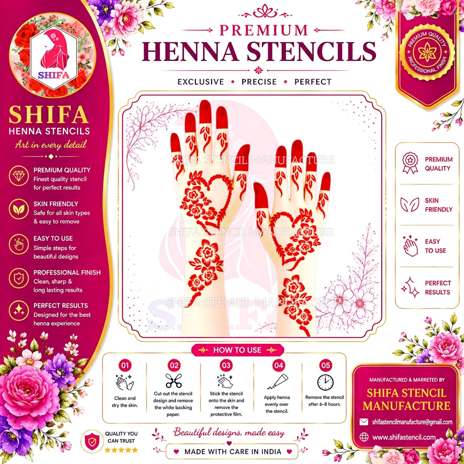Q428 – Floral Heart Romance Instruction Henna Stencil