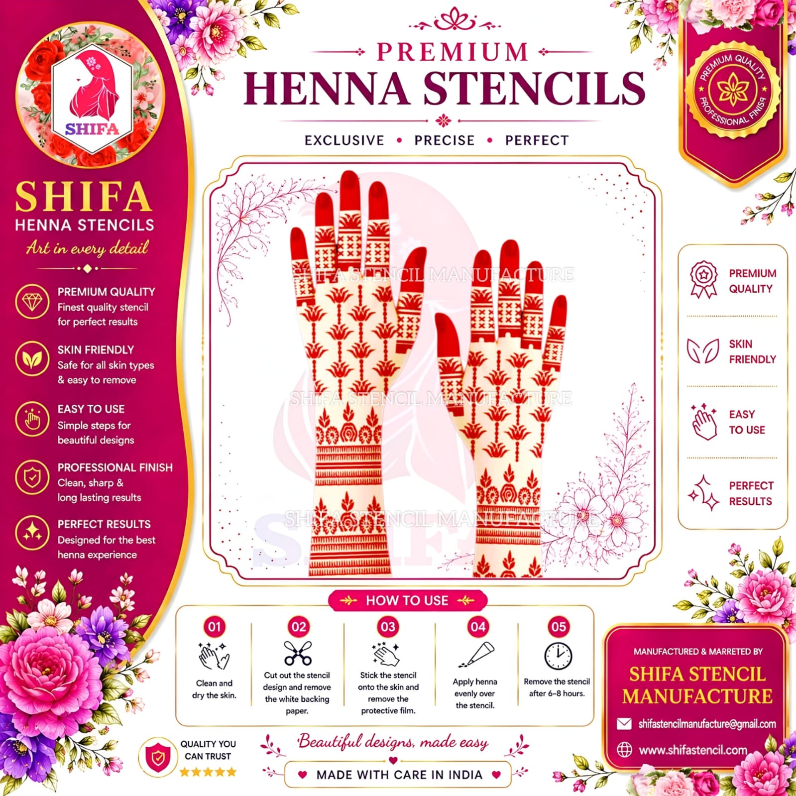 L104 – Ethnic Grid Floral Instruction Henna Stencil
