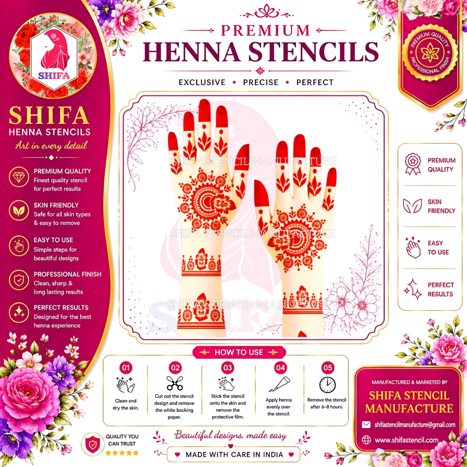 L119 – Crescent Bloom Elegance Instruction Henna Stencil
