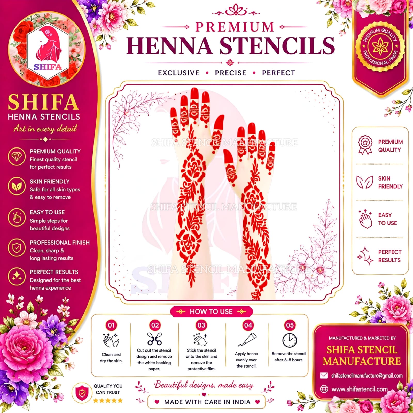 N48 Royal Rose Vine Instruction Henna Stencil