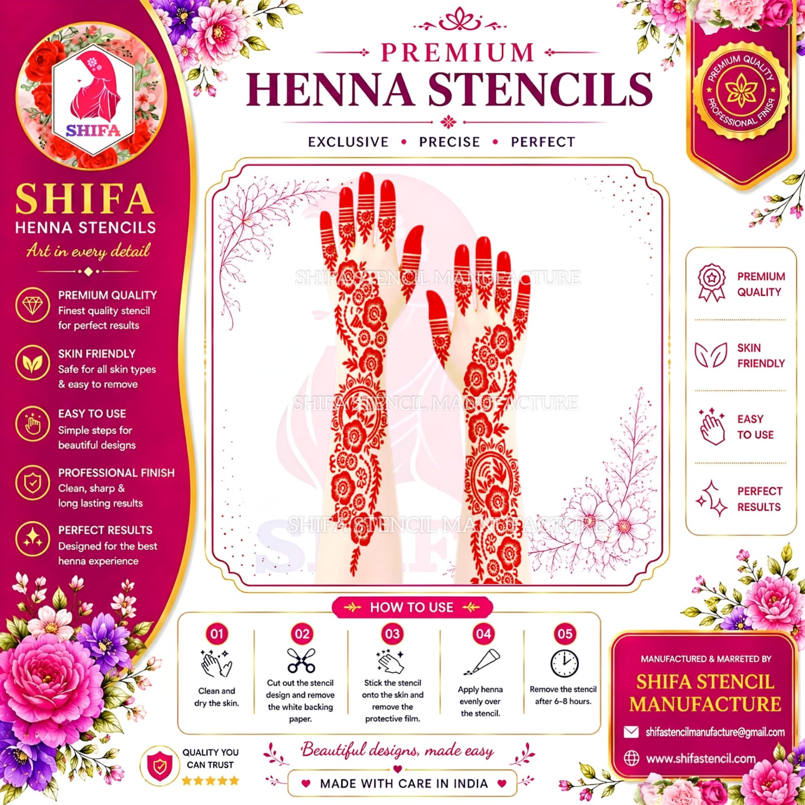N66 Royal Bloom Symphony Instruction Henna Stencil