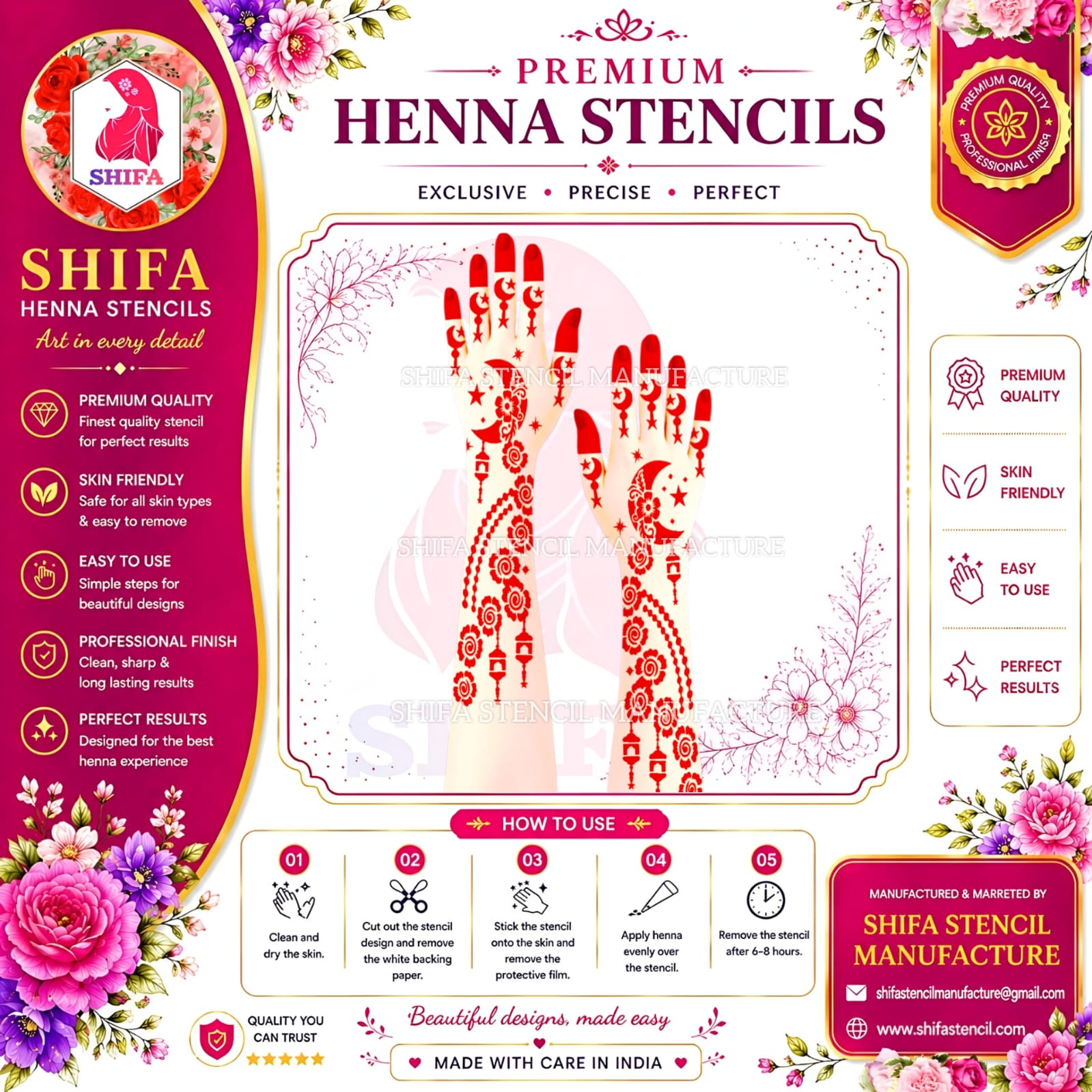 N 24 Starlit Crescent Symphony Instruction Henna Stencil