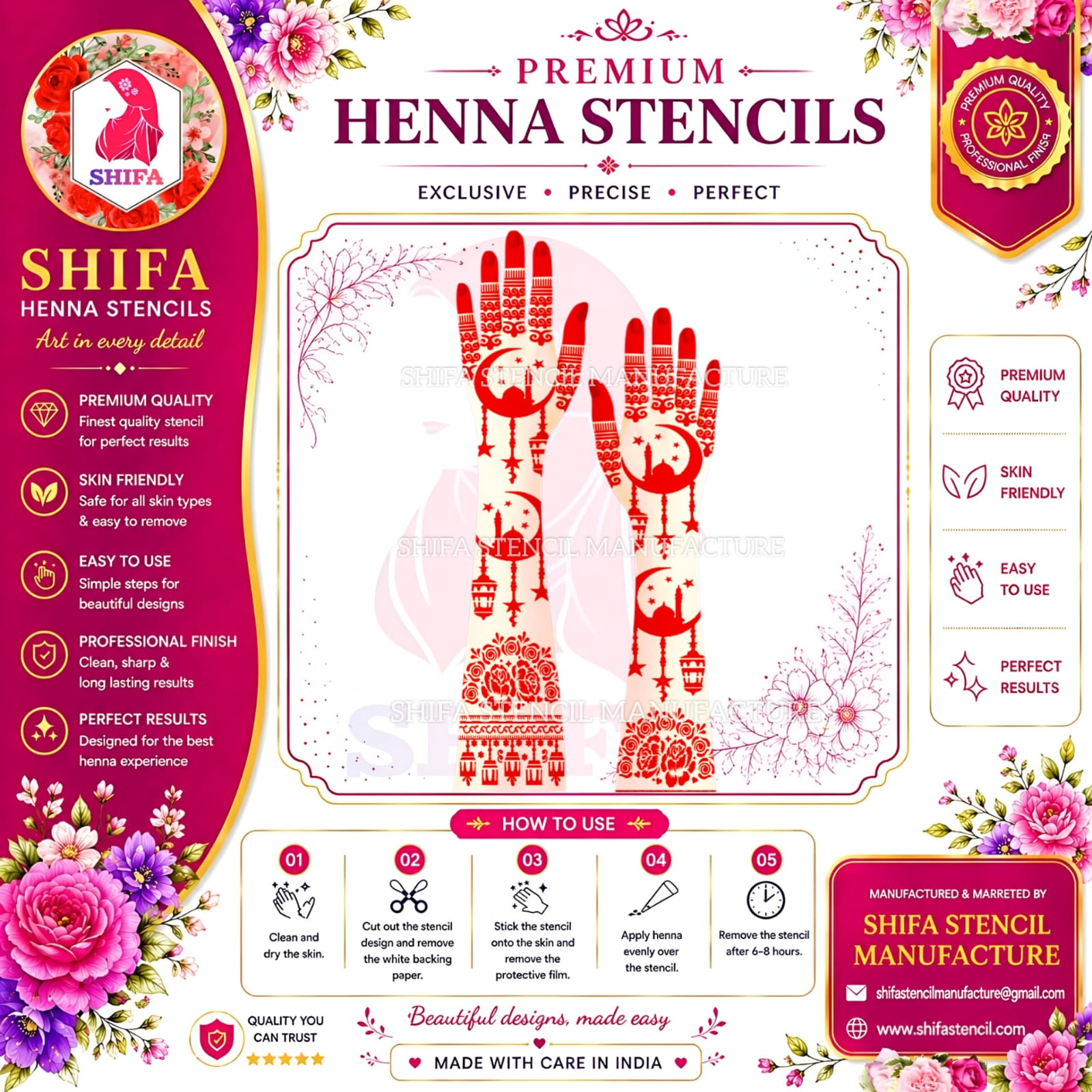 BL125 Floral Crescent Moon and Mosque Henna Instruction Henna Stencil