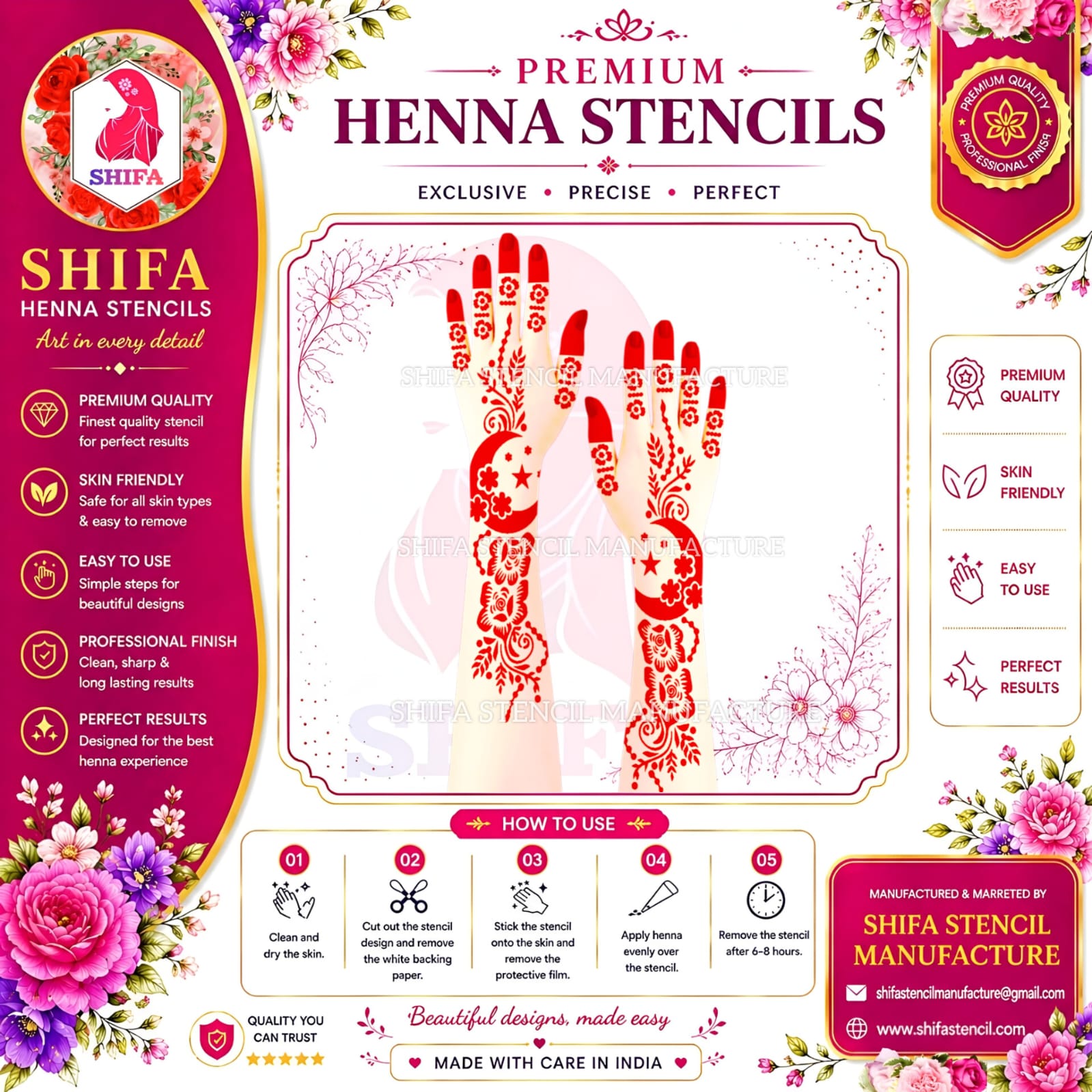N 29 Moonlit Floral Harmony Instruction Henna Stencil